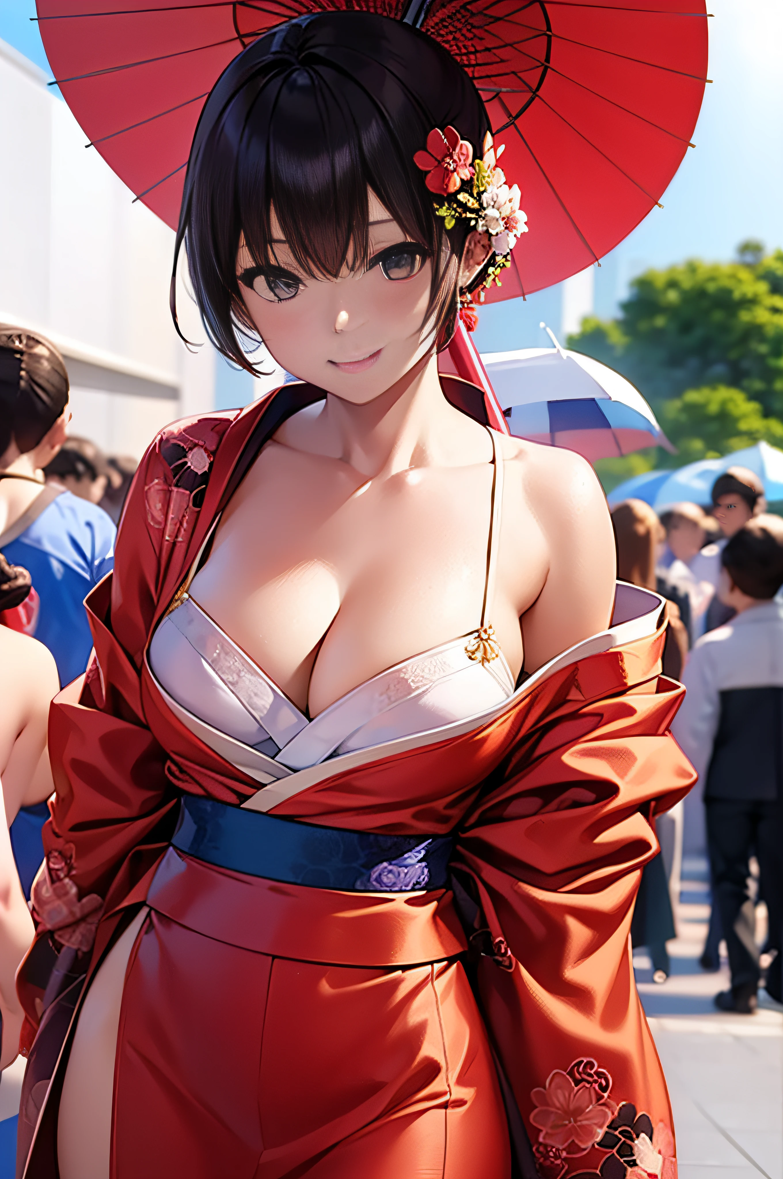 masutepiece, Best Quality, 1girl in、25 years old women, udder of medium size,, Curve, Perfect female body, Red kimono, Floral pattern, cleavage, 鎖骨, off shoulders, bending forward、umbrellas, plein air, festival,