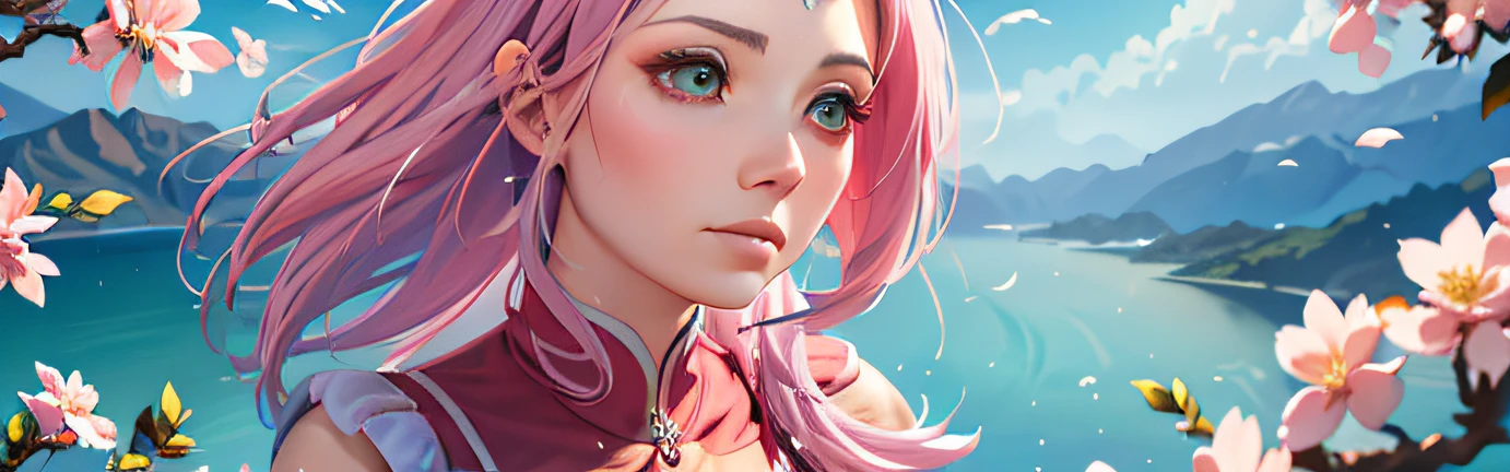 (best quality,4k,Altas,master part:1.2),mulher de cabelo rosa,olhos verdes,cabelo fluindo ao vento, de frente para o oceano e horizonte, figura pequena no canto da imagem, contemplative expression, Flores de Sakura nas laterais, cores vibrantes, realistic lighting, mulher londe, molhada, sakura linda