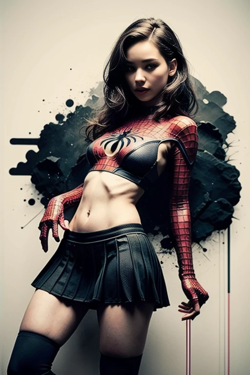Sticking out the navel、newyork、She wears a torn Spider-Man suit,wearing skirt、 Red and black color scheme,Dynamic、masterpiece、top-quality、ultra-detailliert、ighly detailed、beautiful detailed brilliance、超A high resolution