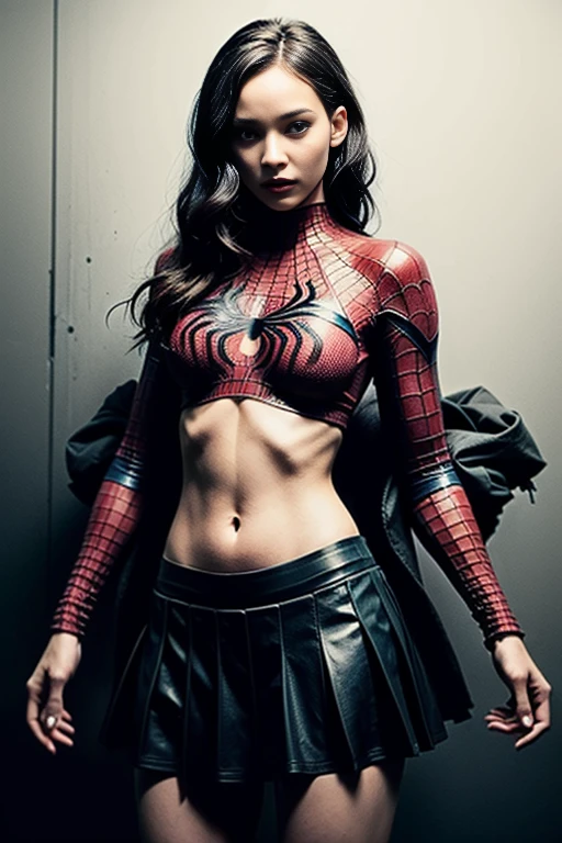 Natalie Portman、Sticking out the navel、newyork、She wears a torn Spider-Man suit,wearing skirt、 Red and black color scheme,Dynamic、​masterpiece、top-quality、ultra-detailliert、ighly detailed、beautiful detailed brilliance、超A high resolution