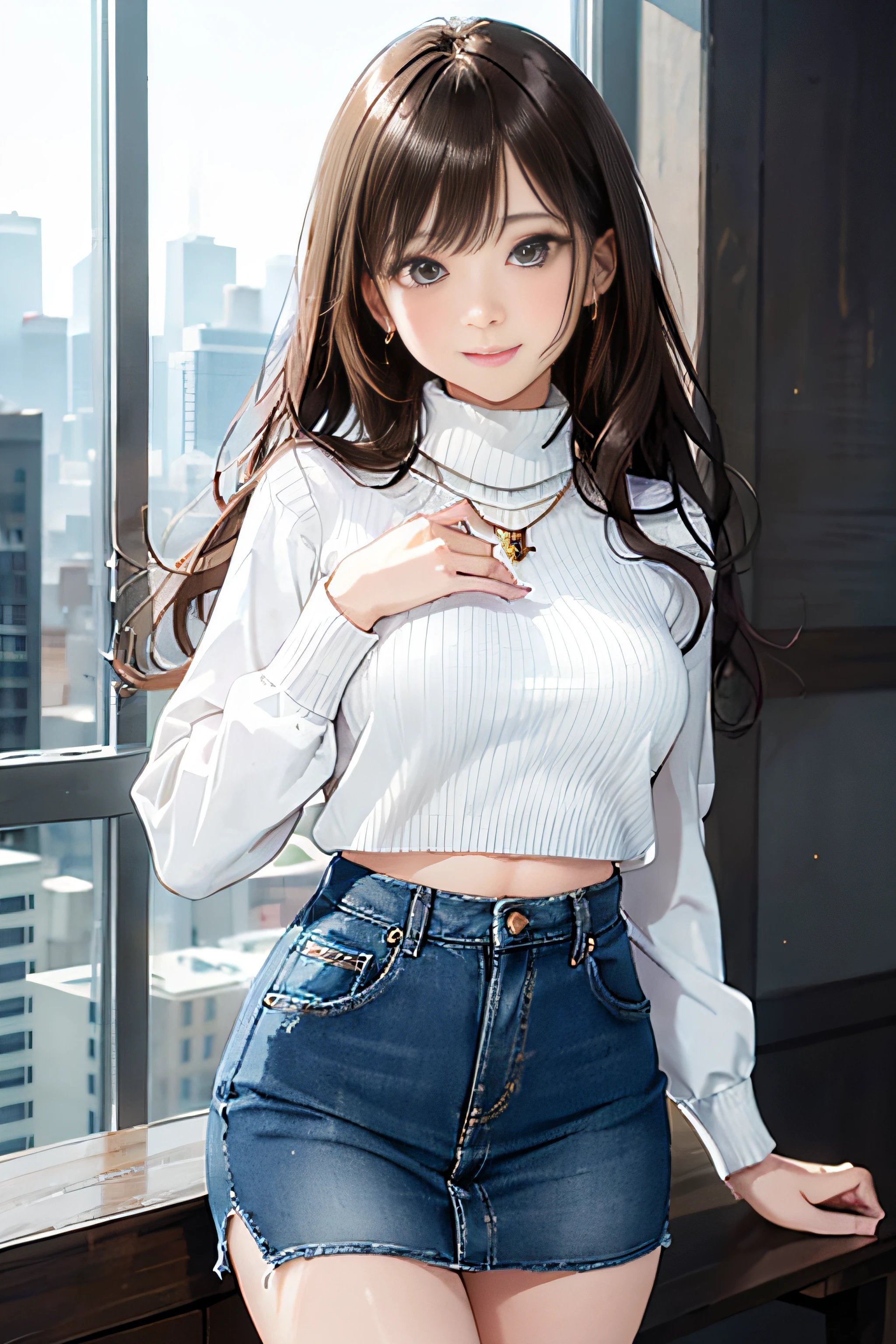 20 year old girl (White Turtleneck Blouse、Blouse with no visible navel), (Tight denim skirt), Medium chest, Puffy nipple、With both arms、Pinching the chest、Butt sticking out、high-heels、Random cityscape, Shy smile, Kamimei、Brown-eyed、Wavy long hair、dark brown hair、 (Perfectly detailed face), (Well detailed hands) Photorealistic images、Beautiful necklace、耳Nipple Ring