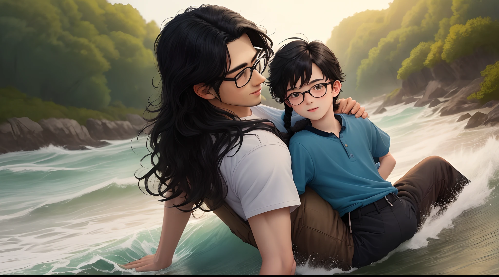 A boy with slightly long black hair waves a hand riding on the back of a boy with black hair and glasses