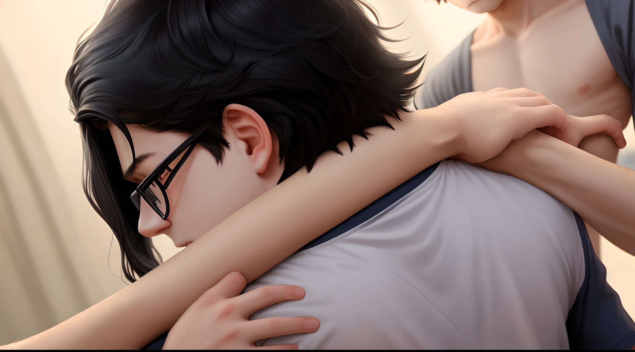 A boy with slightly long black hair waves a hand riding on the back of a boy with black hair and glasses