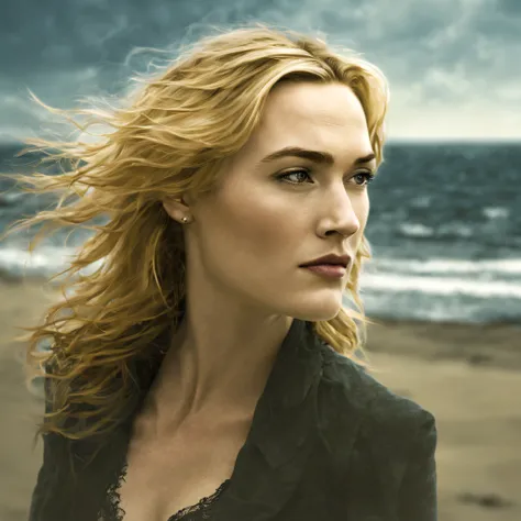 katewinslet,art by peter holme iii, portrait, dense beach,close up of a stressed capricious futuristic girl, tailor, at bristol,...