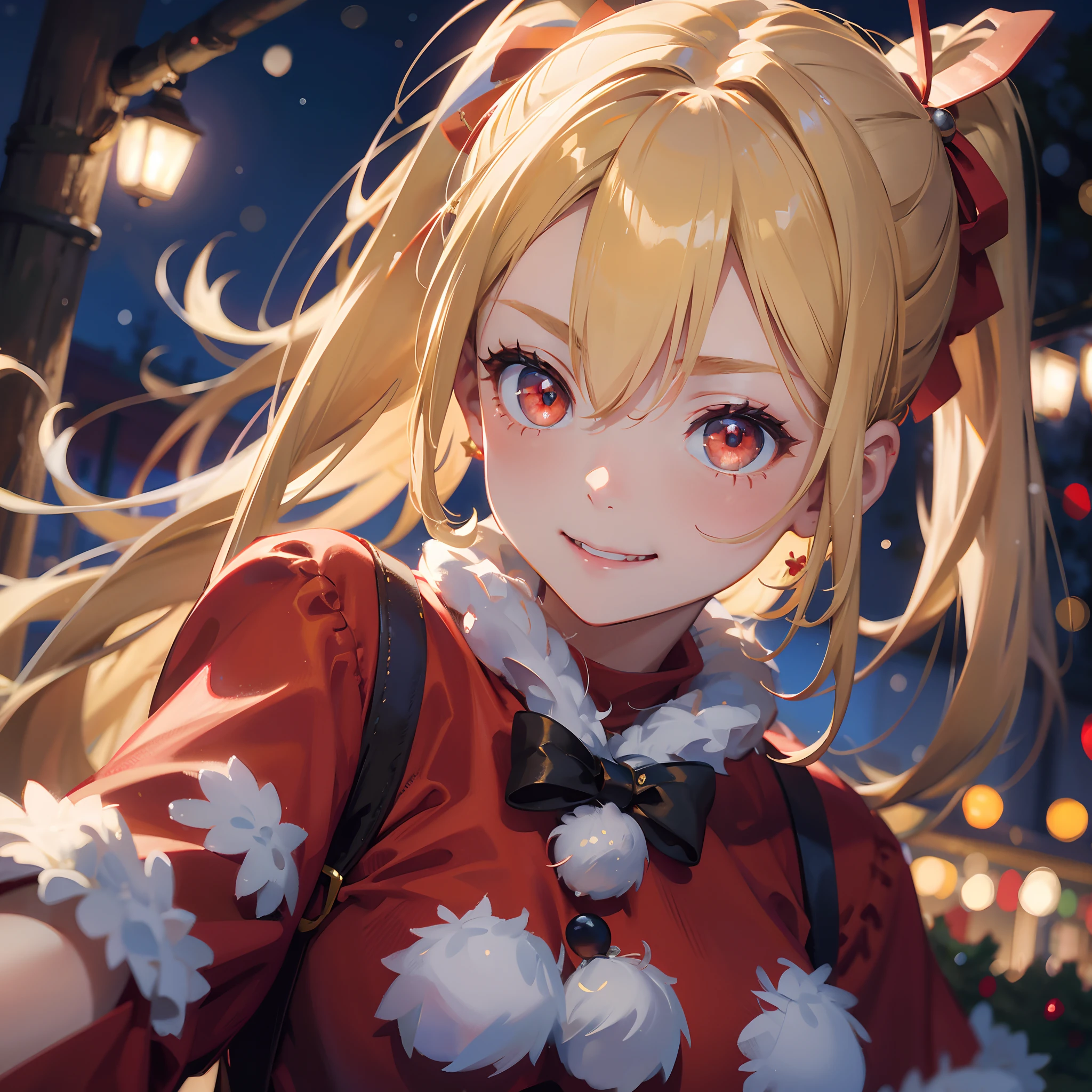 18 year old girl, Wearing Santa costumes、Blonde ponytail、Ahoge、big round red eyes、A slight smil、Laugh、small tits、Realistic painting in every detail, Christmas Outdoors、delicate detail、facial close-up