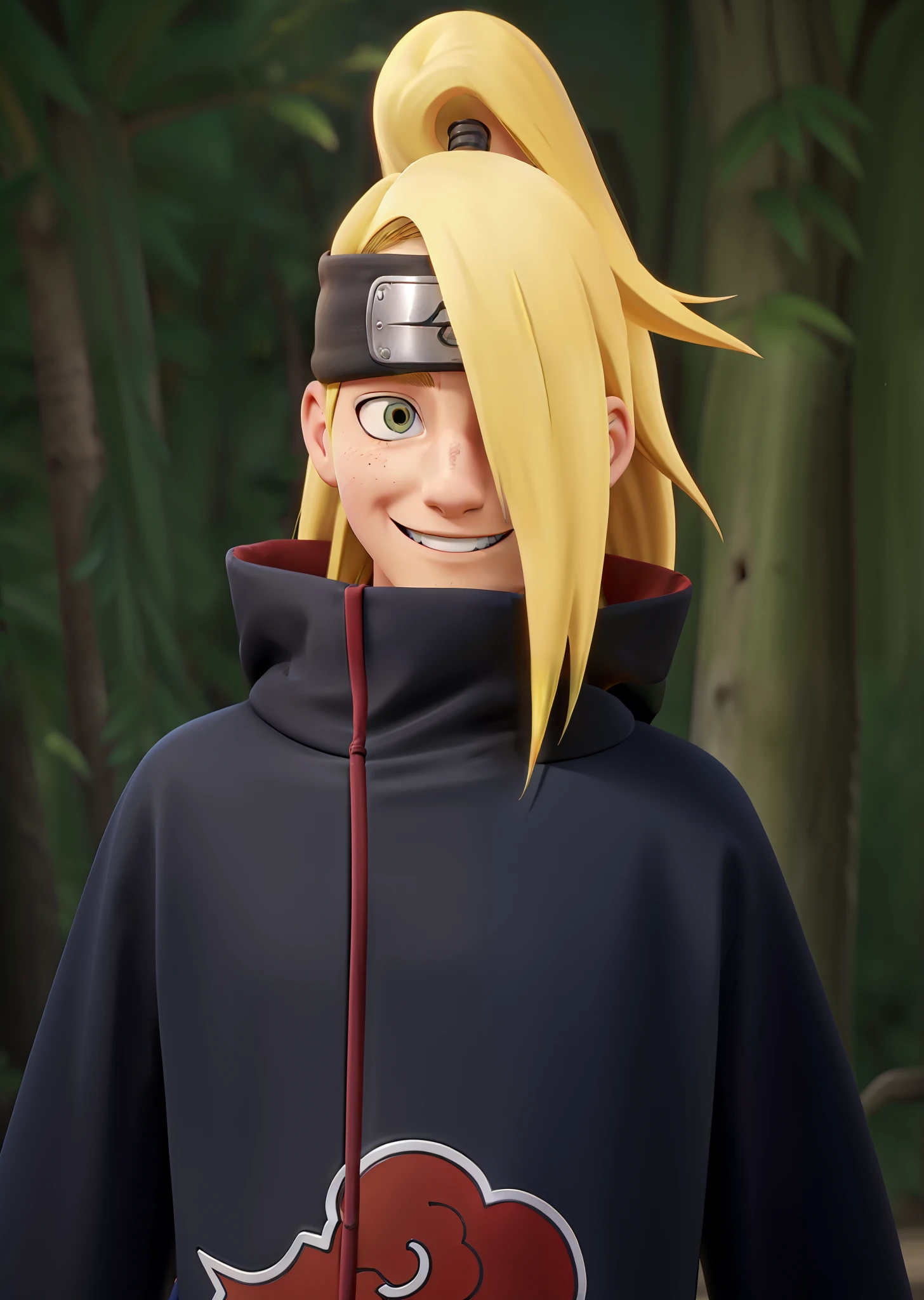 1male, deidara in anime naruto, long hair , yellow hair, blue eyes, handsome, smile, black clothes, realistic clothes, detail clothes, beach city background, ultra detail, realistic