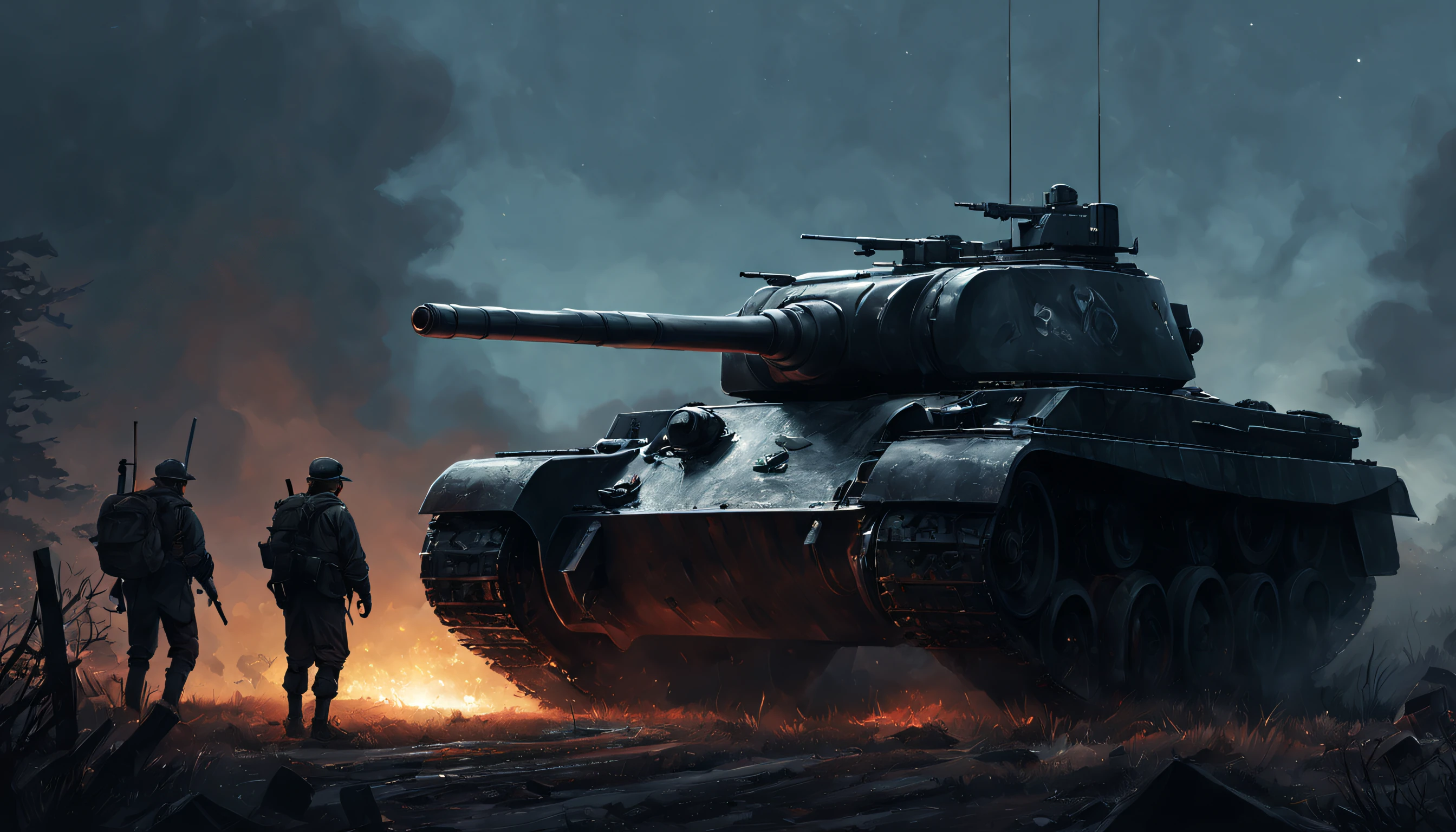 drawing masterpiece, ultra detailed, Black and white dark steel dark blue black light brown dark brown white light orange dark red dark green, dramatic lighting, early evening, high contrast, steam, fog, Israeli soldiers with a tank fighting on the battlefield, cinematic lighting, aspect ratios as 16:9, Steam, 4k, professional ominous concept art, by artgerm and greg rutkowski, an intricate, elegant, highly detailed digital painting, concept art, smooth, sharp focus, illustration, in the style of simon stalenhag, wayne barlowe, and igor kieryluk., acrylic painting, trending on pixiv fanbox, palette knife and brush strokes, style of makoto shinkai jamie wyeth james gilleard edward hopper greg rutkowski studio ghibli genshin impact