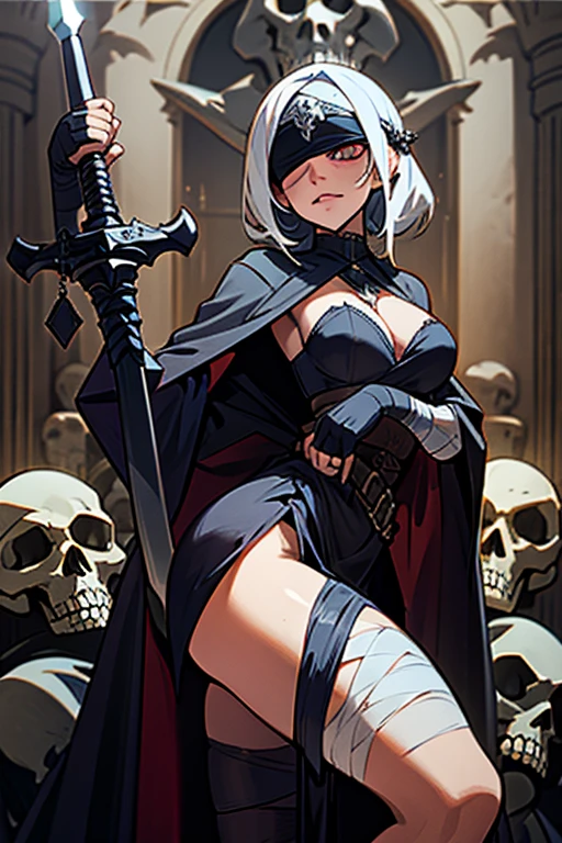 gothic lady justice, blindfold, sexy, erotic, holding sword and scale, skulls, wearing robes, bandages, gothic style art.