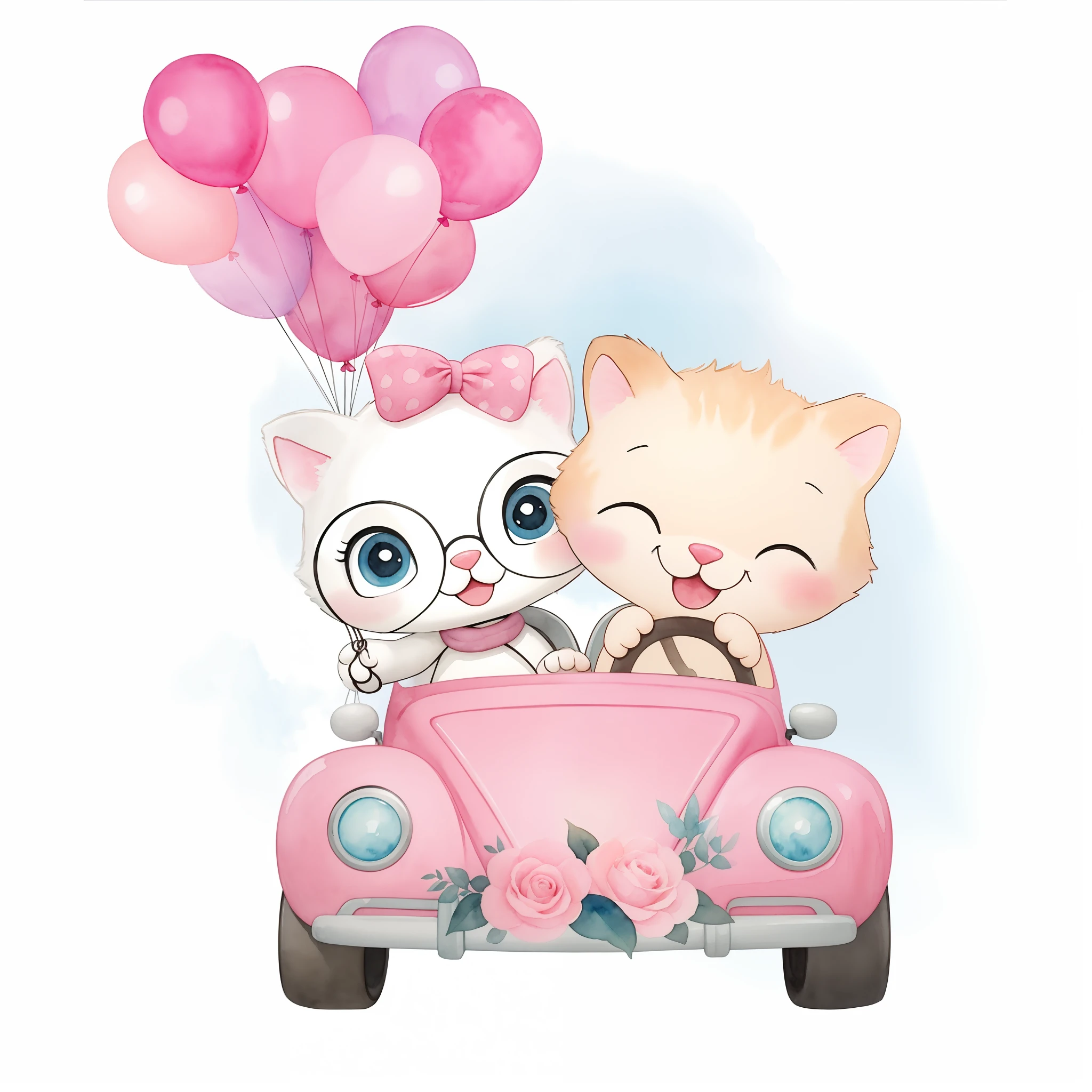 (Watercolor in high definition),(Watercolor in high definition), There's two cats in a car with balloons, They're loving it, arte fofa, Arte aquarelada bem suave, lovely and cute, desenho animado bonito, cute illustration, illustration of 2 cats, adorable and whimsical, ilustrado em estilo caprichoso, Belo estilo de arte, love is begin of all, caprichoso e fofo. (Watercolor in high definition)