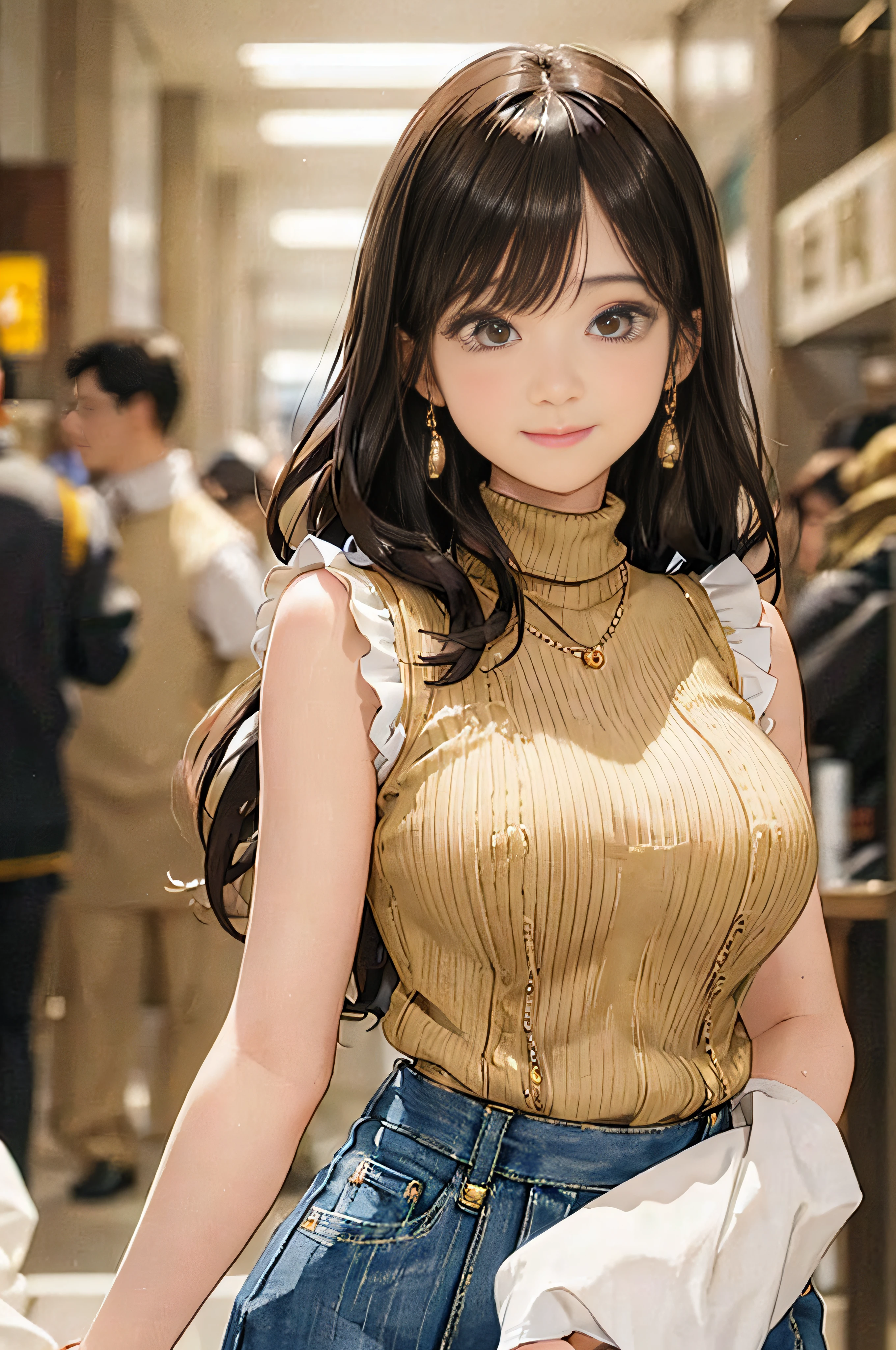 (Light Yellow Turtleneck Sleeveless Knit)、Denim Mini Skirt、20 year old girl, Big breasts,, Puffy nipple、dark brown hair、Long Wave Hair、shopping mall、 Kamimei、Shy smile、a necklace、Earring、high-heels ((Very detailed)), (Perfectly detailed face), (Well detailed hands)、full body seen、emphasis on the buttocks