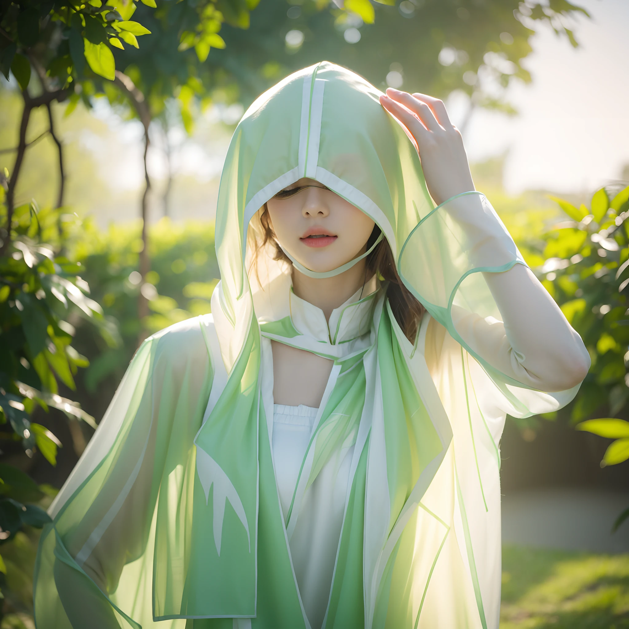 A garden scene full of spring vibes，Meticulously drawn 8K RAW photorealistic footage shows a girl in a beautiful dress，He has bright green eyes and long, flowing hair that is blown by the wind。She wears a dress made of superfine fabric，It is decorated with beautiful floral motifs。The whole scene is brightly colored，Full of life，And the best quality light effect is used，Make the picture more outstanding and realistic。