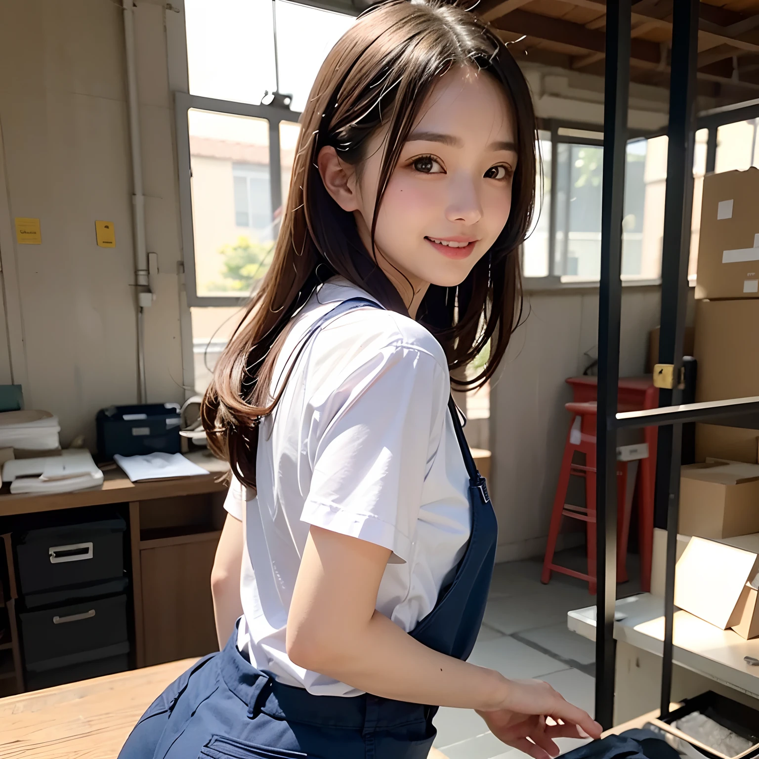 (masutepiece, Best Quality:1.2), 8K, Official art, Full body photo, inside factory、full body Esbian、Connecting workwear、Blue Worker、Cute smile、cute butt、Factory work、A dark-haired、14years、small tits、A delightful、A smile、unbelievable Ridiculous, (Upper body, Blue Worker:Coveralls 1.4), Beautiful Girl, Pretty Face, arching back down, cute butt、Gold hair ornament on hair、Wearing cute work clothes、Decide on a pose、raise two hands、close up, Wearing a suit, Short sleeve, gardenia, violaceaess, , Street, Looking at Viewer, Film grain, chromatic abberation, Sharp Focus, face lights, Dynamic lighting, Cinematic lighting, Eyes and faces with detailed, Bokeh background, (Tie with Emma written on it、1 copy:1.2)