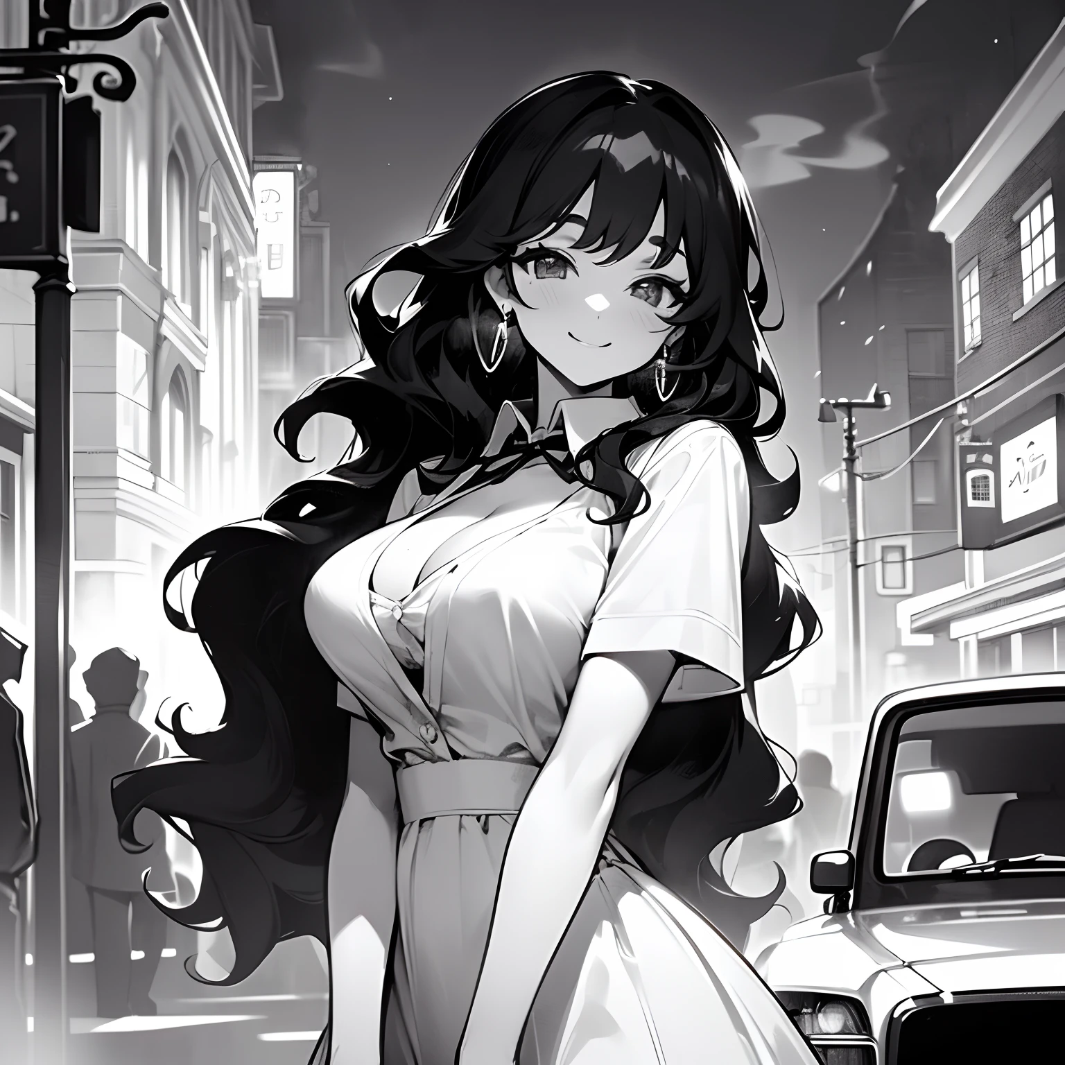 ((Masterpiece, solo, upper body, black and white, monochrome, night, steam), street, old cars, streetlamps), cute anime girl standing, city street, ((smiling, black hair, long hair, wavy hair, cleavage, large breasts)), earrings, white dress shirt, striped skirt, ribbon