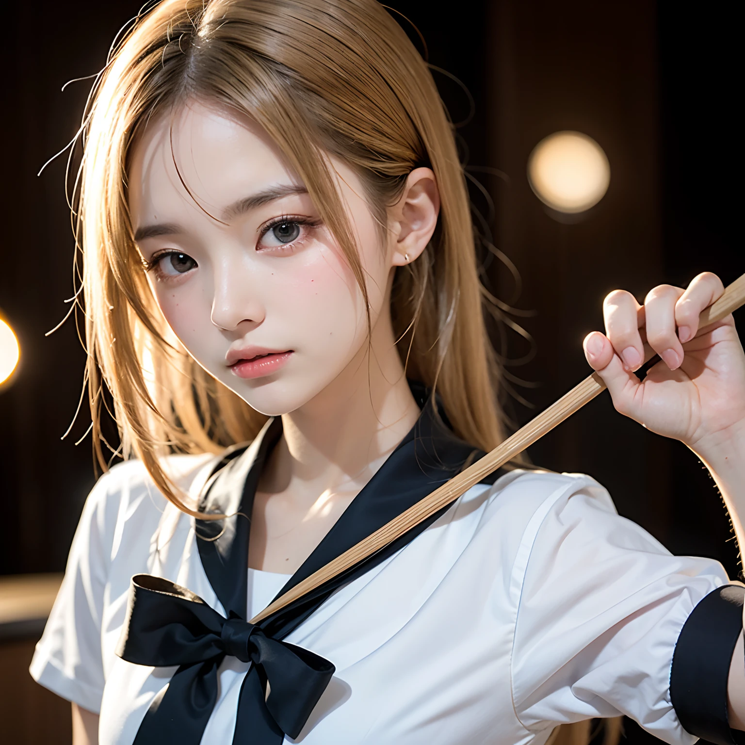 (masutepiece, Best Quality:1.2), 8K, Official art, Raw photo, Full Bord Bill Four、校服、Prepare a broom and a stove、Sweep away the landscape、Wear with a broom、Beautiful breasts are thin、14years、small tits、unbelievable Ridiculous, (Upper body、校服:1.4), Beautiful Girl, Pretty Face, arching back down,、Gold hair ornament on hair、close up, Sailor Suit, Short sleeve, violaceaess, Teen, Looking at Viewer, Film grain, chromatic abberation, Sharp Focus, face lights, Dynamic lighting, Cinematic lighting, Eyes and faces with detailed, Bokeh background,