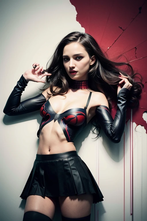 Natalie Portman、Sticking out the navel、newyork、She wears a torn Spider-Man suit,wearing skirt、 Red and black color scheme,Dynamic、masterpiece、top-quality、ultra-detailliert、ighly detailed、beautiful detailed brilliance、超A high resolution