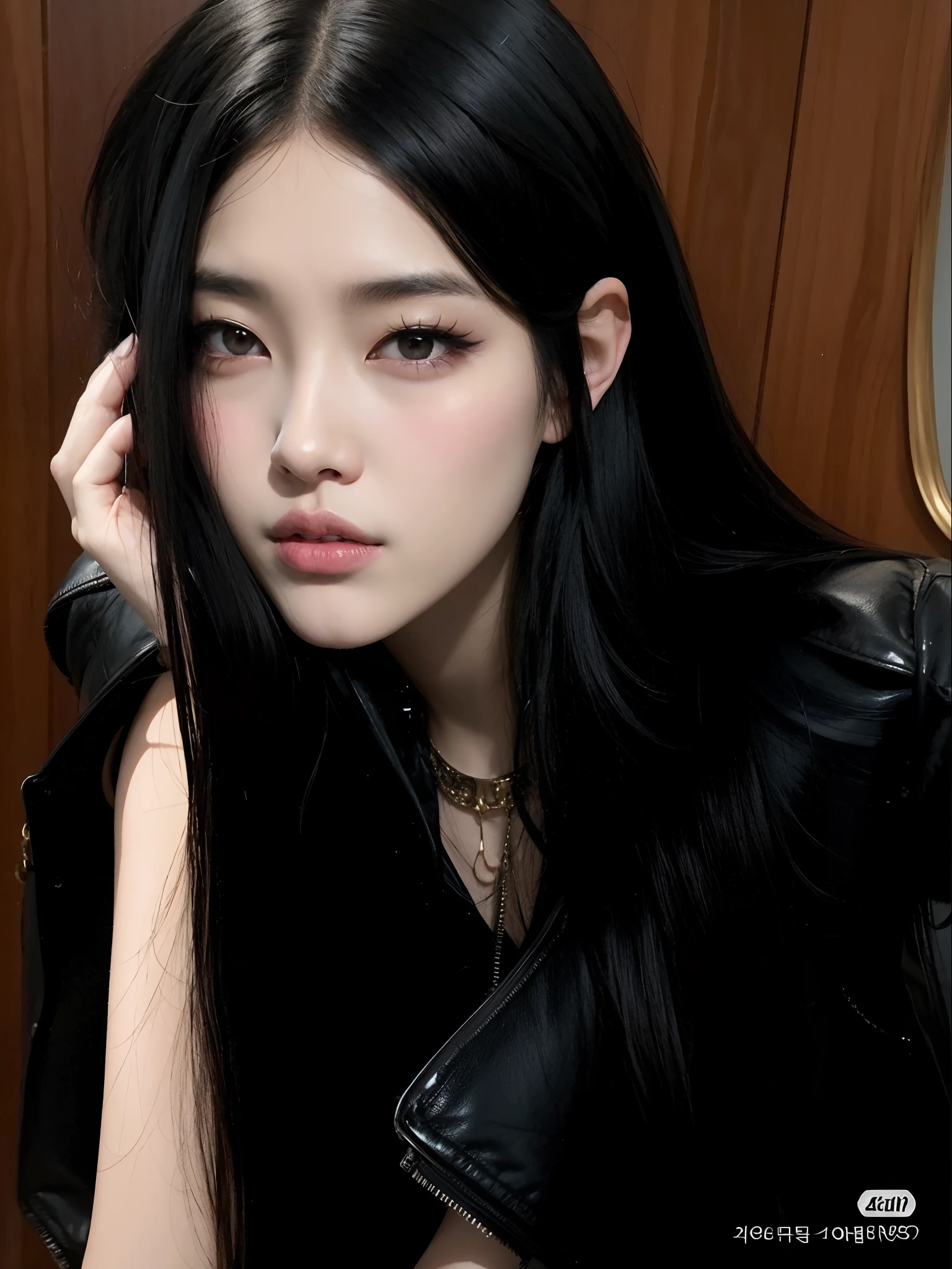 Arafed Asian woman with long black hair and a black leather jacket, cruel korean goth girl, Ulzzang, Retrato de Jossi de Blackpink, com cabelos longos e olhos penetrantes, Jinyoung Canela, whitebangscabelo negro, coreana, com longos cabelos pretos, Cabelos pretos naturais extra-escuros, com longos cabelos escuros, linda mulher coreana jovem