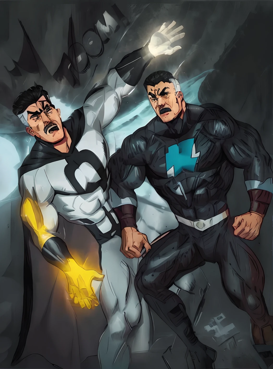 masterpiece, high quality images, high detailed faces, perfect faces, BLACK ADAM PUNCHING OMNI-MAN - artista, desenho realista de quadrinhos, comic realistic drawing, inspirado em John Romita Jr, Desenho realista de quadrinhos da Marvel, Directed by: Italo Mus, realistic comic book illustration, Directed by: Roy Dalgarno, Omni Man vs. Black Adam, comic shading, Directed by: Rodolfo Morales, fan art, Estilo arzach de quadrinhos, heroic action pose, Fantastic Art, 8k