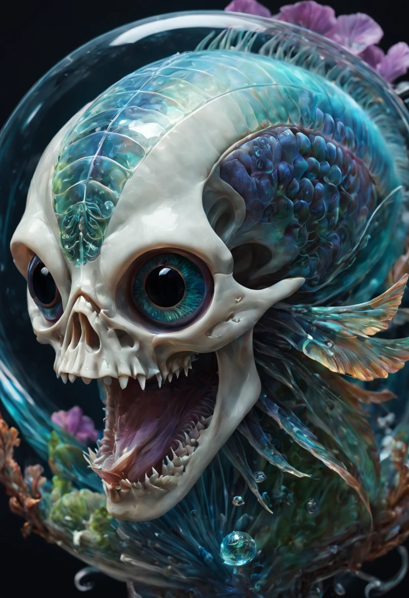 close-up portrait ribcagel. Alien skull , nautilus, hortensia, betta fish, bioluminiscent creatures, intricate artwork . octane render, trending on artstation,t symmetrical artwork. cinematic, hyper realism, high detail, octane render, 32k, vibrant colors, Broken Glass effect, no background, stunning, something that even doesn't exist, mythical being, energy, molecular, textures, iridescent and luminescent scales, breathtaking beauty, pure perfection, divine presence, unforgettable, impressive, breathtaking beauty, Volumetric light, auras, rays, vivid colors reflects