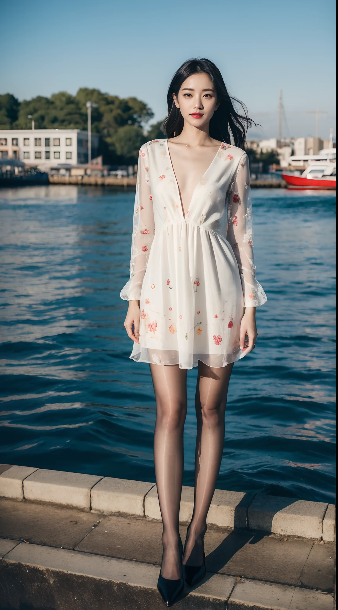 (RAW photo:1.2), (Photorealistic:1.4),Beautiful detailed woman,very detailed eyes and faces, A detailed eye, ultra - detailed,A high resolution, The is very detailed,best qualtiy,illustratio,unified,8k 壁纸,tmasterpiece,best qualtiy,1girll,Stand on the dock,The boat is in the water, Long-sleeved dress, soft silk dress, exteriors,lacepantyhose,耳Nipple Ring,jewely,high-heels,looking at viewert,Black color hair,Black shoes,full bodyesbian,standing on your feet,Printed dress,longer sleeves,long whitr hair,nigth,with brown eye,street corner,bblurry