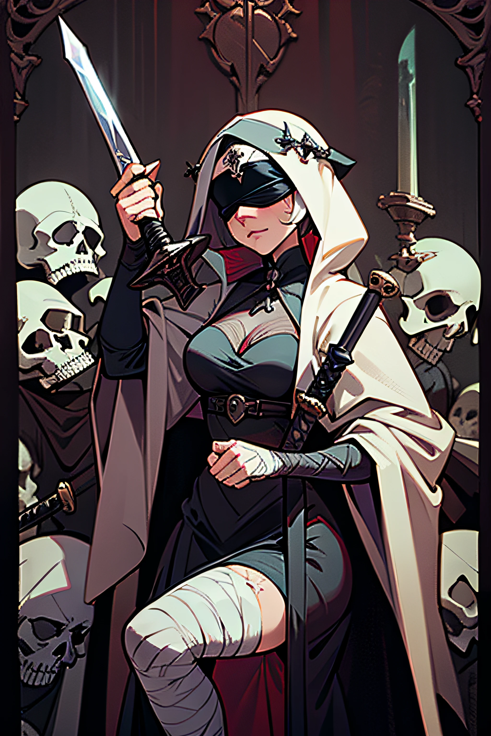 gothic lady justice, blindfold, sexy, erotic, holding sword and scale, skulls, wearing robes, bandages, gothic style art.