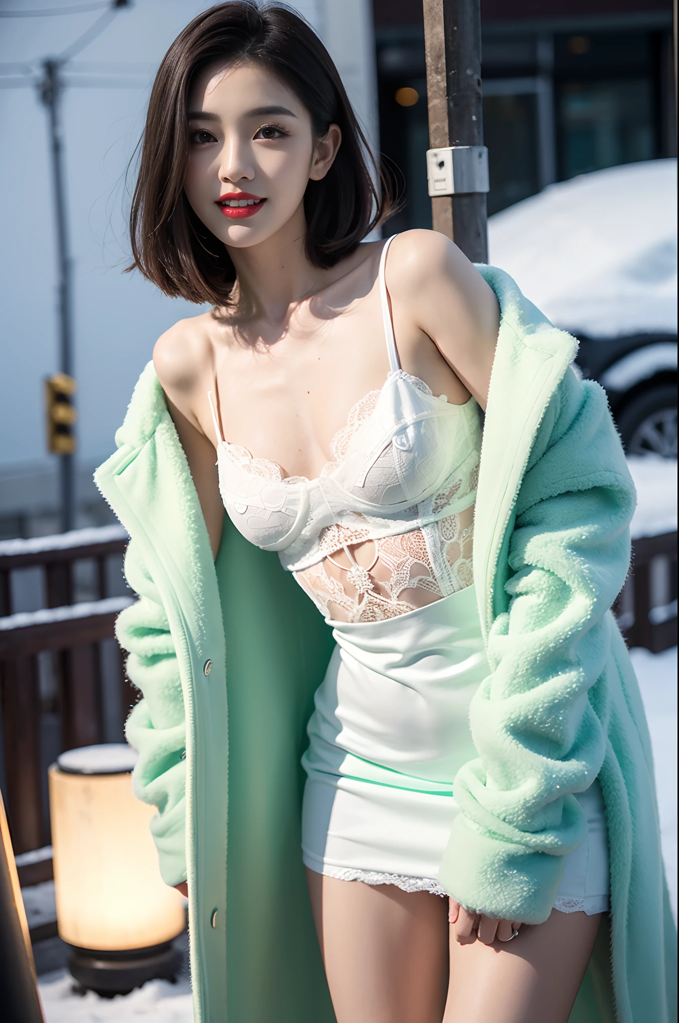 best quality, 4k, 8k, Detailed faces, clear face, a pretty girl, Korean makeup, Red lips,laugh, perfect body,shoulder length straight bob hair,small breasts,thigh,slim,thin, The girl wears a long and wide mint fur coat, Underneath the jacket was lace dress, lower abdomen, Snowscape, winter, street,