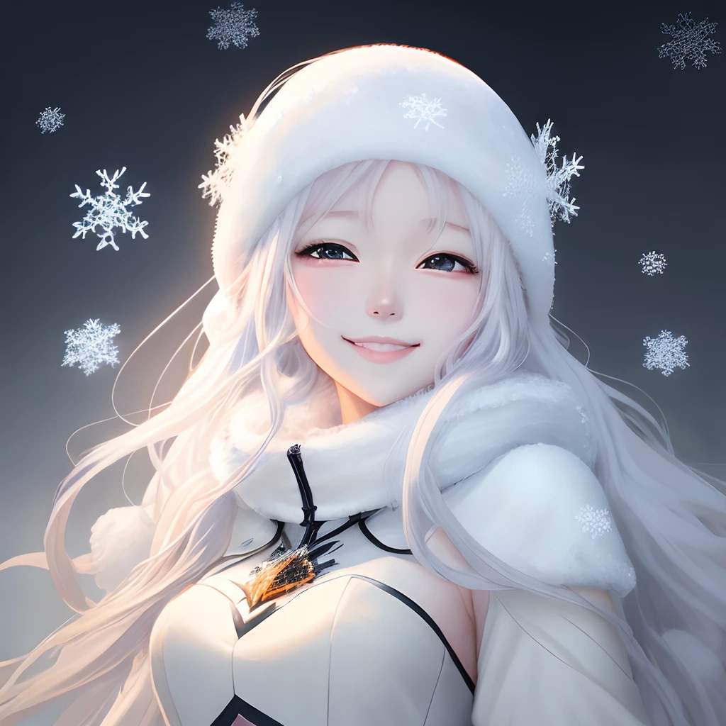 Anime girl in a white dress with snowflakes and snowflakes, beautiful anime artwork, beautiful anime art, Beautiful anime girl, beautiful anime woman, Beautiful Anime Portrait, beautiful fantasy anime, guweiz on pixiv artstation, Perfectly pure white long hair anime girl, Very white skin、anime fantasy illustration, Beautiful anime, high definition anime art, anime fantasy artwork, goddess of winter、Smiling