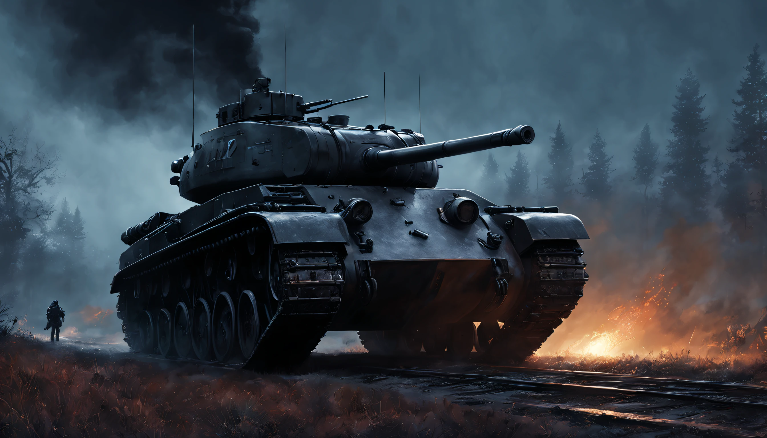 drawing masterpiece, ultra detailed, Black and white dark steel dark blue black light brown dark brown white light orange dark red dark green, dramatic lighting, early evening, high contrast, steam, fog, Israeli soldiers with a tank fighting on the battlefield, cinematic lighting, aspect ratios as 16:9, Steam, 4k, professional ominous concept art, by artgerm and greg rutkowski, an intricate, elegant, highly detailed digital painting, concept art, smooth, sharp focus, illustration, in the style of simon stalenhag, wayne barlowe, and igor kieryluk., acrylic painting, trending on pixiv fanbox, palette knife and brush strokes, style of makoto shinkai jamie wyeth james gilleard edward hopper greg rutkowski studio ghibli genshin impact