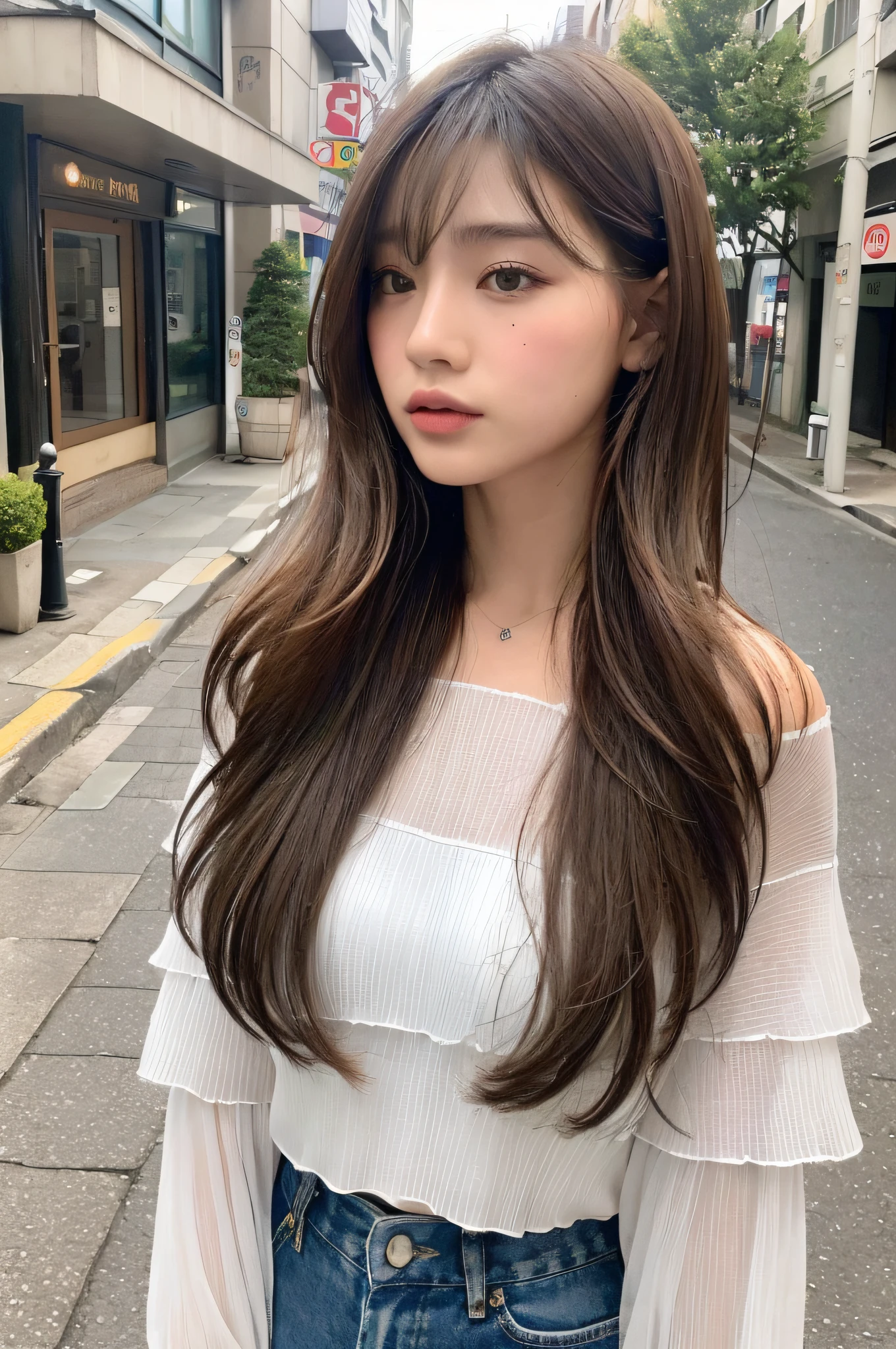 ((top-quality、8k、​masterpiece:1.3))、foco nítido:1.2、Beautiful woman with perfect body:1.4、Concrete background、white t-shirts、Full Small Face、Medium hair、floated hair、Salon model、Japan girl at 16 years old、seductiv、slim abdomen:1.2、((Layered Haircut、The large:1.2))(Small beautiful hard(Sateen、a street:1.2)、Highly detailed facial and skin texture、 A detailed eye、二重まぶた、skin tanned、