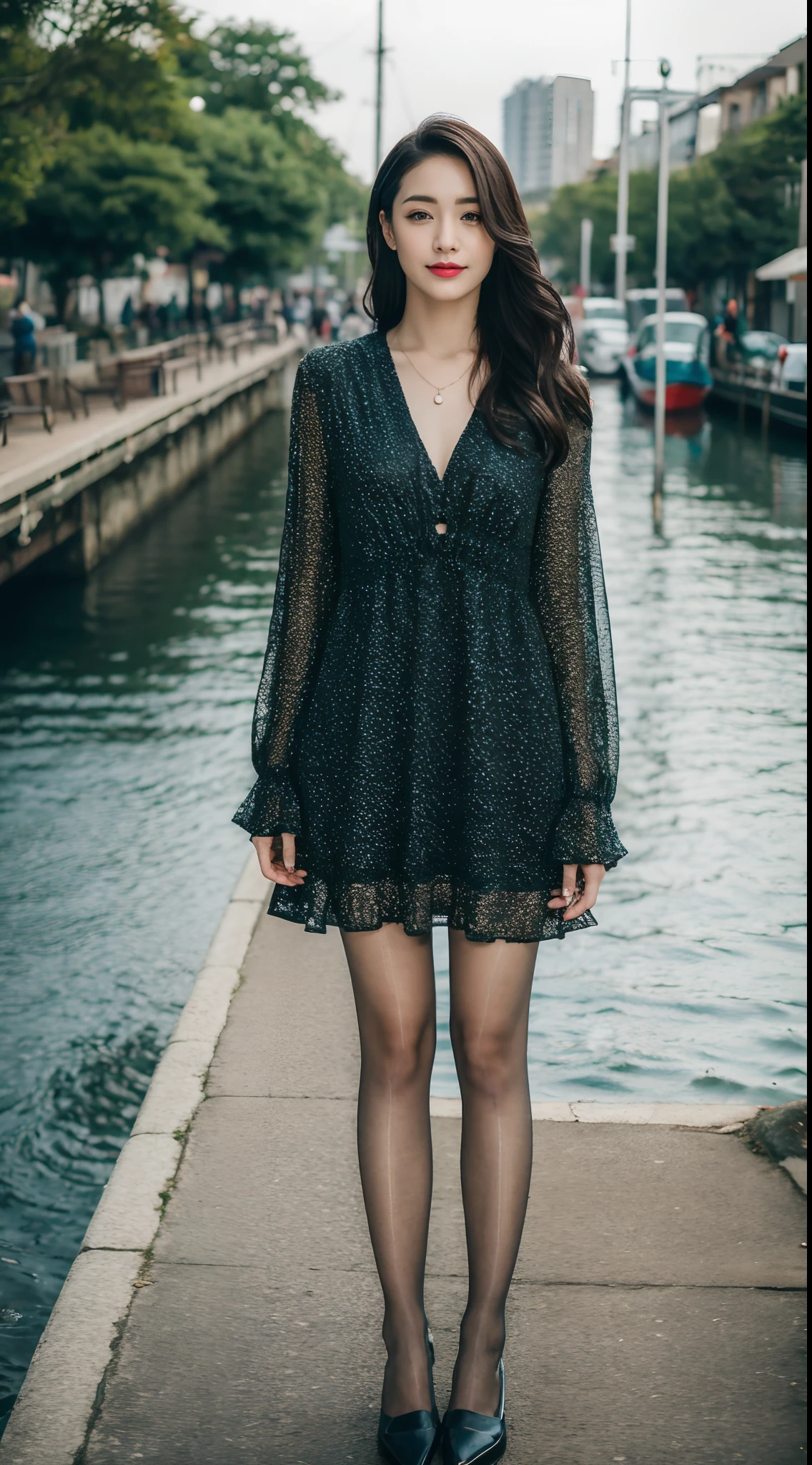 (RAW photo:1.2), (Photorealistic:1.4),Beautiful detailed woman,very detailed eyes and faces, A detailed eye, ultra - detailed,A high resolution, The is very detailed,best qualtiy,illustratio,unified,8k 壁纸,tmasterpiece,best qualtiy,1girll,Stand on the dock,The boat is in the water, Long-sleeved dress, Manteau,exteriors,lacepantyhose,耳Nipple Ring,jewely,high-heels,looking at viewert,Black color hair,Black shoes,full bodyesbian,standing on your feet,Printed dress,longer sleeves,long whitr hair,nigth,with brown eye,street corner,bblurry
