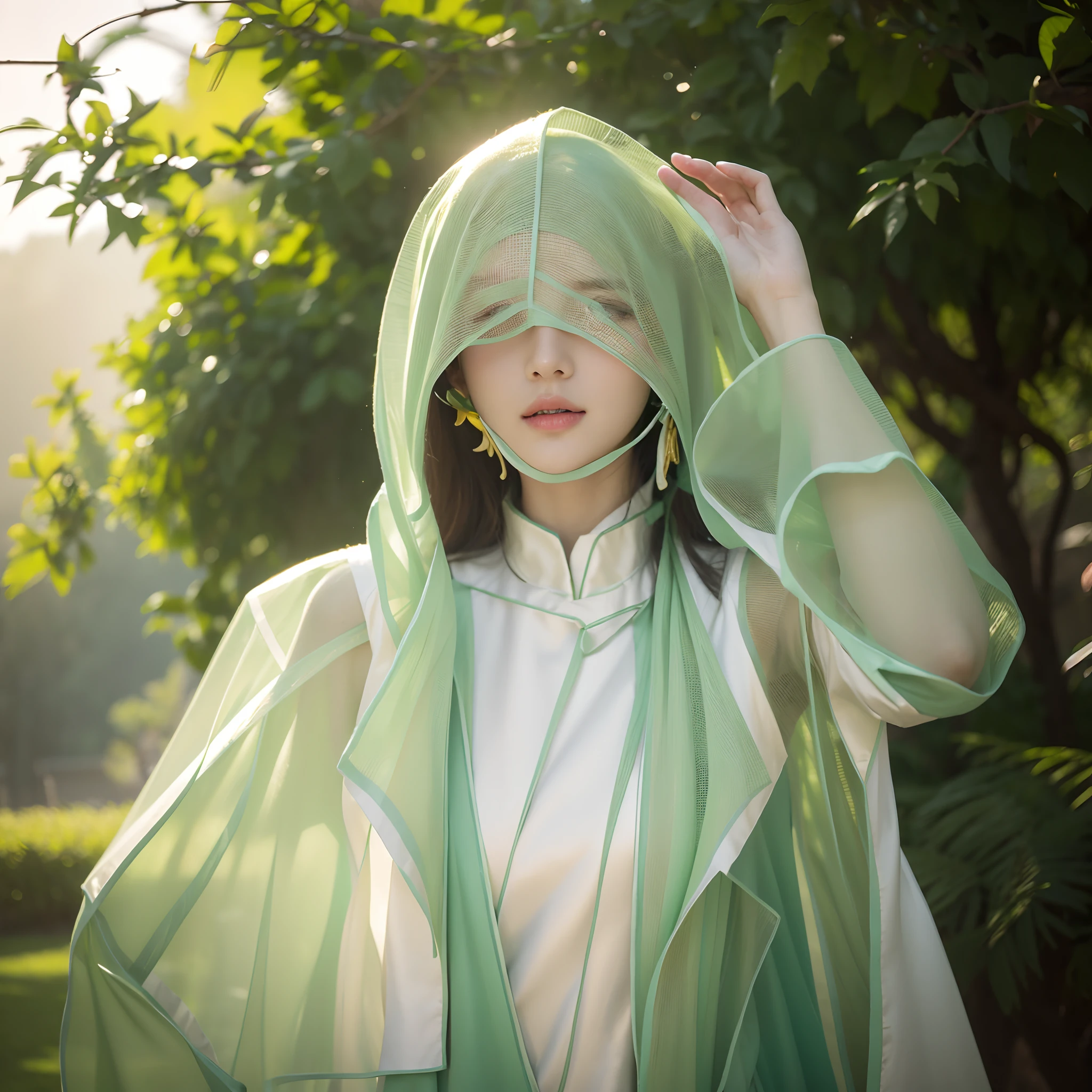 A garden scene full of spring vibes,Meticulously drawn 8K RAW photorealistic footage shows a girl in a beautiful dress,He has bright green eyes and long, flowing hair that is blown by the wind。She wears a dress made of superfine fabric,It is decorated with beautiful floral motifs。The whole scene is brightly colored,Full of life,And the best quality light effect is used,Make the picture more outstanding and realistic。
