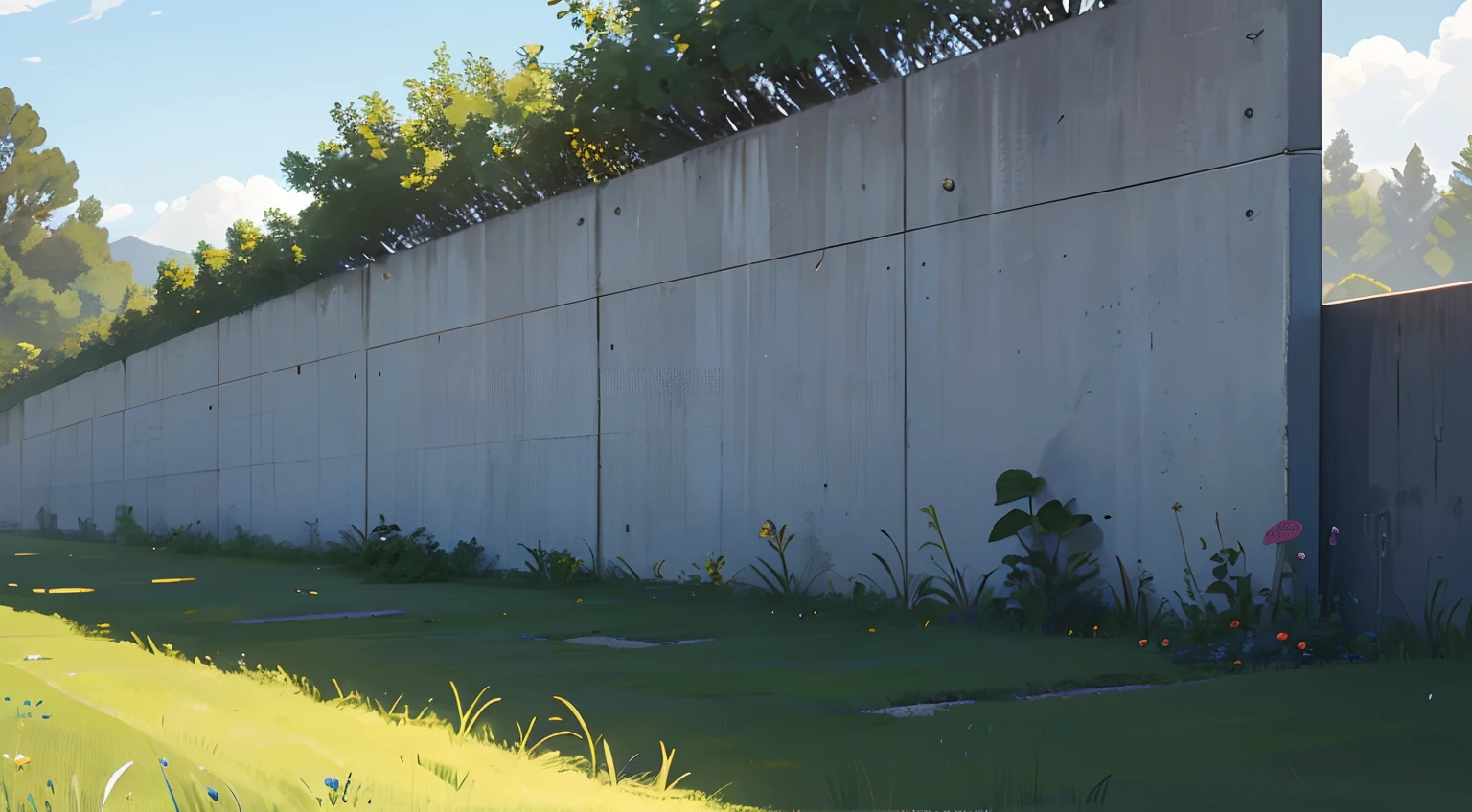 meadow, large, wide angle, concrete and steel mesh wall, danger sign on wall, no one