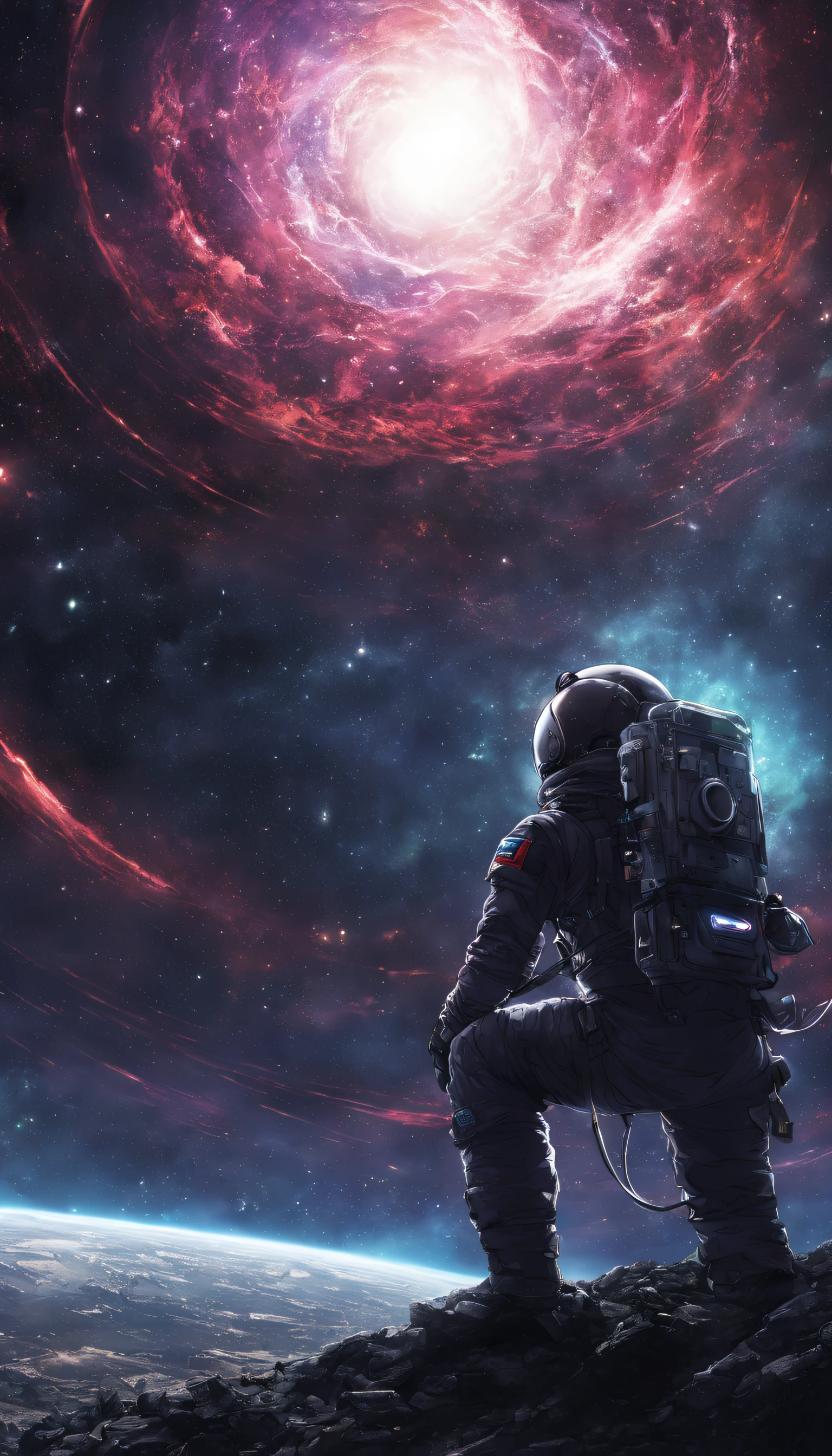 anime artwork, a austronaut looking to a black hole, anime style, key visual, vibrant, studio anime, highly detailed, a mysterious image, magical,fantasy, cosmic, dark,