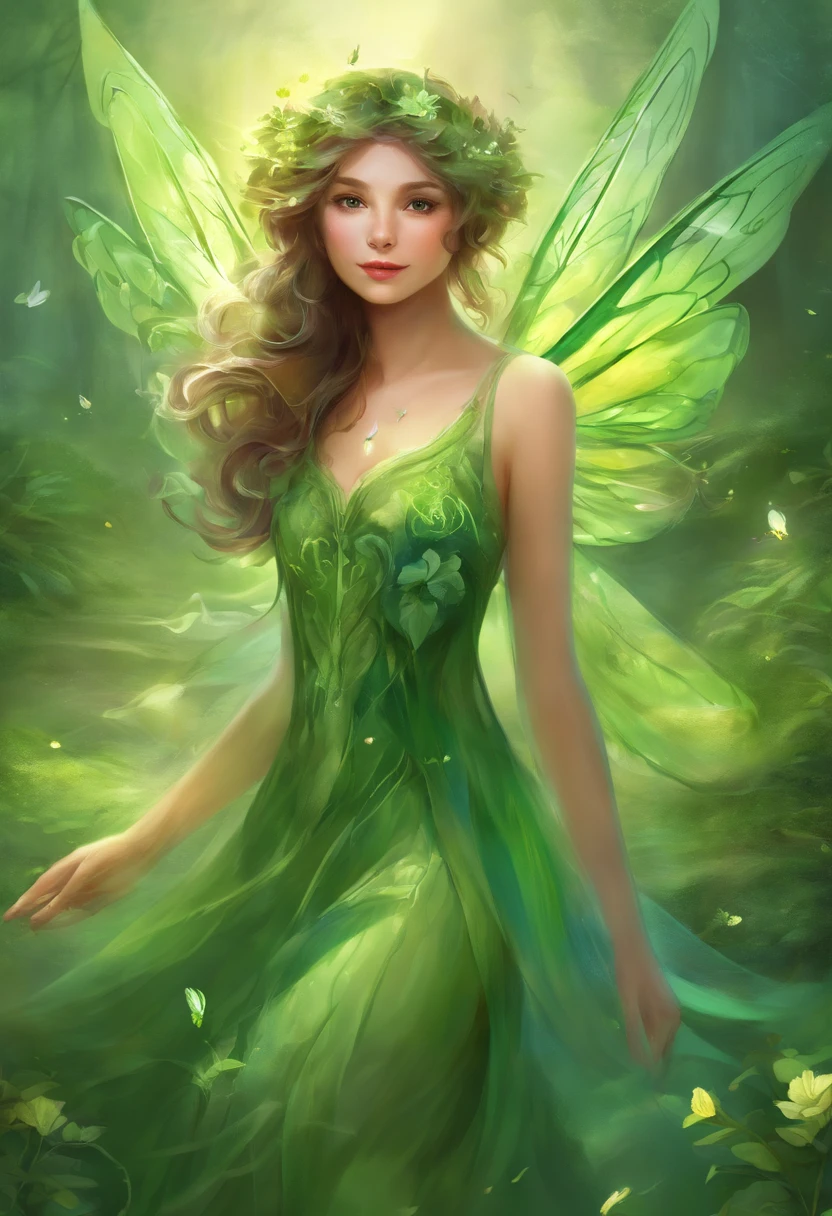 little fairys，The transparent wings of the little fairy，Flying，Green dress，Green wind，Full body like，Meadow woods，(refractions,Reflection:1.3)，Petals and leaves scattered