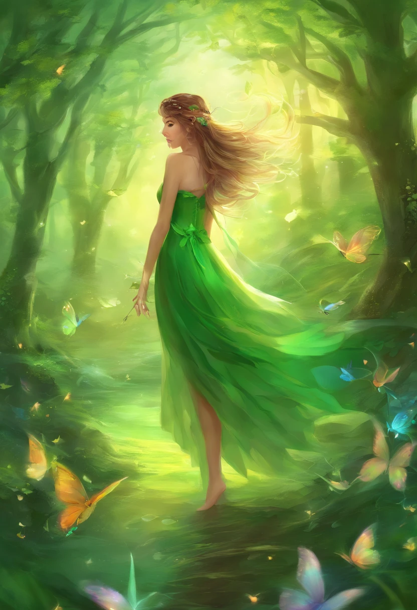 little fairys,The transparent wings of the little fairy,Flying,Green dress,Green wind,Full body like,Meadow woods,(refractions,Reflection:1.3),Petals and leaves scattered