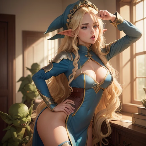 A girl, 25 years old with blue eyes, blonde woman, long wavy hair, Beautiful Character Face. thigh boots. a team, pointing at the goblins. Standing in the office with (The Work of the Little Green Goblins:1.3). Half-open mouth. full-length photo. side-view. higly detailed. Top Quality.