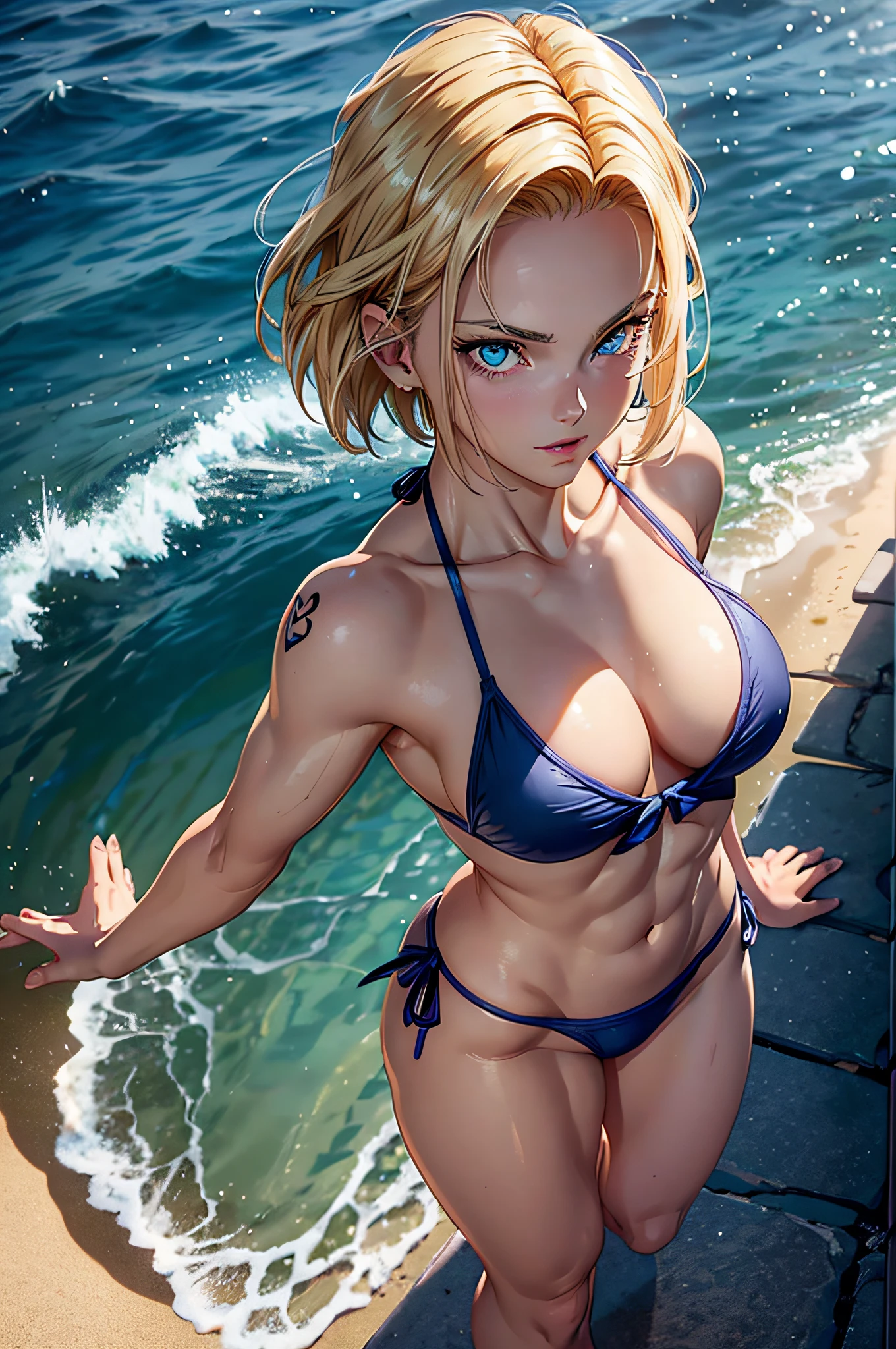 detailed eyes, detailed lips, dreamy eyes, long eyelashes, smiling face, expressive eyes, natural beauty, charming human features, genuine smile, intricate eye makeup, radiant eyes, rosy cheeks, delicate lips, blue eyes, medium to large breasts, ( ((muscular legs))), (((wearing a very short bikini))), Muscular belly, barefoot, standing, on the beach, hot sun, (full body photo), Android 18 from Dragon Ball Super, short hair shoulder length, length, eye reflection, blonde hair, high detail, anime, minimalism, anime style, chiaroscuro, glow, jpeg artifacts, bright light, divine rays, ray tracing, reflection light, backlight, Sony FE, panorama, UHD, UHD, masterpiece, accurate, anatomically correct, textured skin, super details, high quality, high resolution, 16k, small heart tattoo on chest