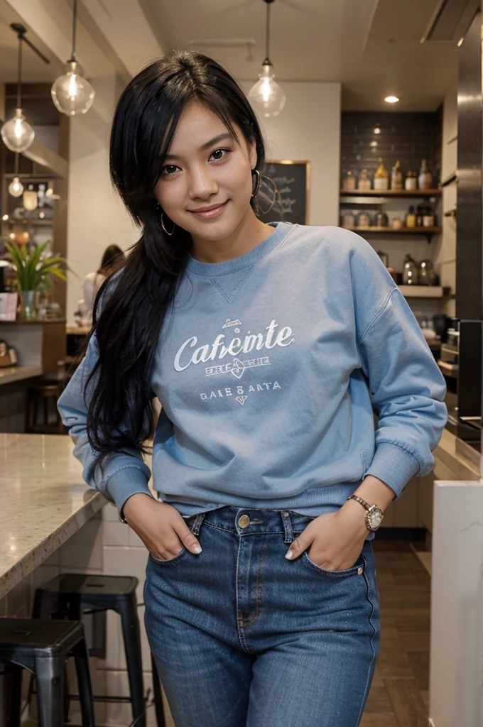 tomboy Asian girl, with short black hair, a beautiful smile, and sapphire eyes, wearing a sweatshirt and jeans, earrings, aged around 24, wearing Rosario, at cafe