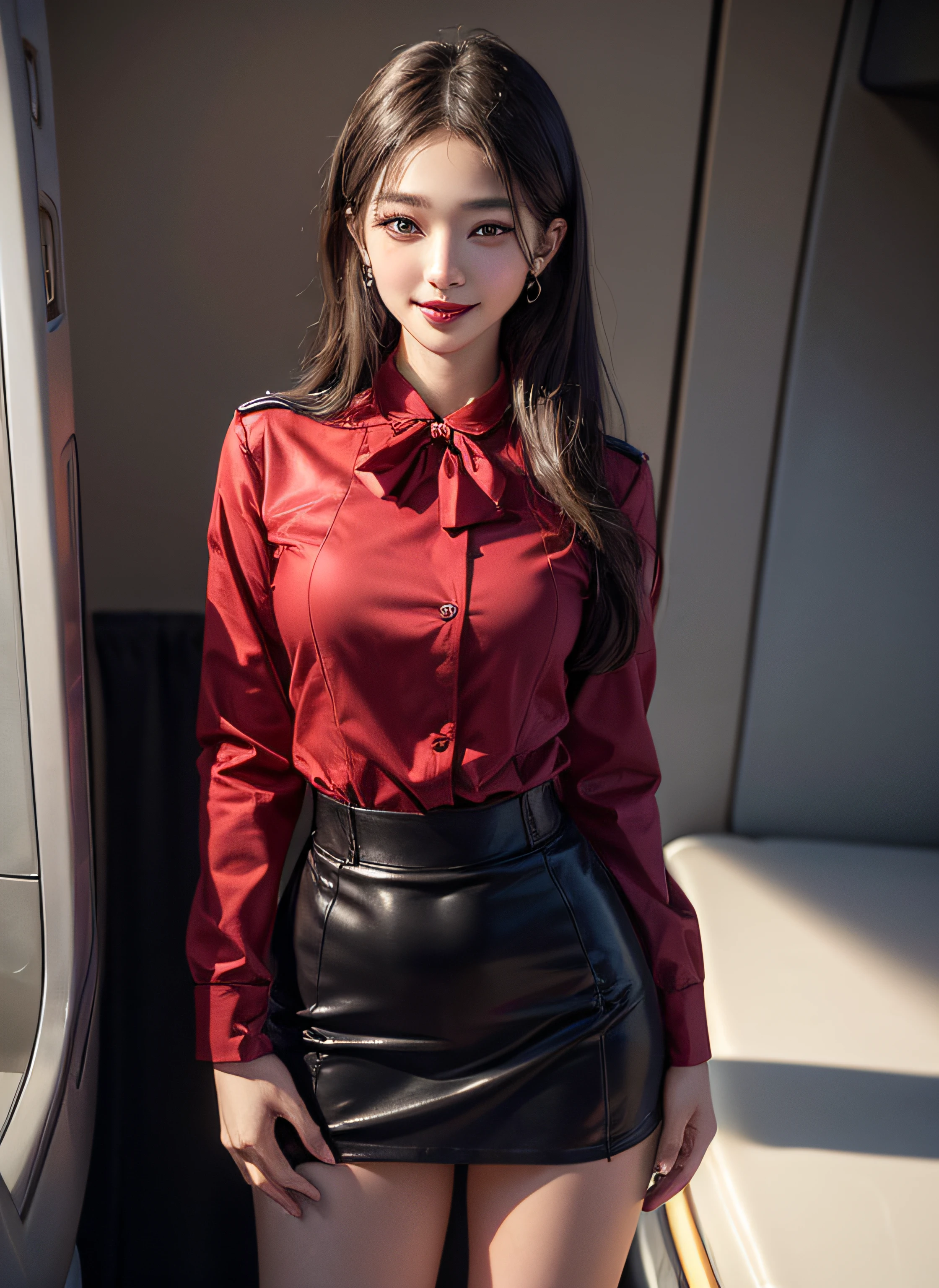 (8K high image quality), (top-quality), (RAW image quality),(masutepiece:1.2), (Realistic), (Photorealistic:1.37), ,largeeyes,long eyelasher,(Live-action realistic style),The Ultimate Face,Photorealistic light and shadow,Clear facial features,,Fair skin, ),(The Ultimate Face,Extraordinary beauty),Best portraits, 1-girl,Beautiful detailed eyes,highlydetailed skin,(Beautiful face with double eyelids), (Realism: 1.4),((fullbody image)) ,delicate and beautiful face,,Female about 20 years old,(Beautiful Face 1.4),Hair length is random,((Japan high school girl in uniform)),(red lipsticks,Lame around the eyes,earring beautiful),((Shot on an airplane)),(Standing,No skirt),(Flight attendant uniforms)),red lipsticks,Lame around the eyes,(Flight attendants in uniform),,(cowboy shot standing),Shoot head-on,,Close-range shooting,A little bra exposure,(((Show your best smile to your audience)))