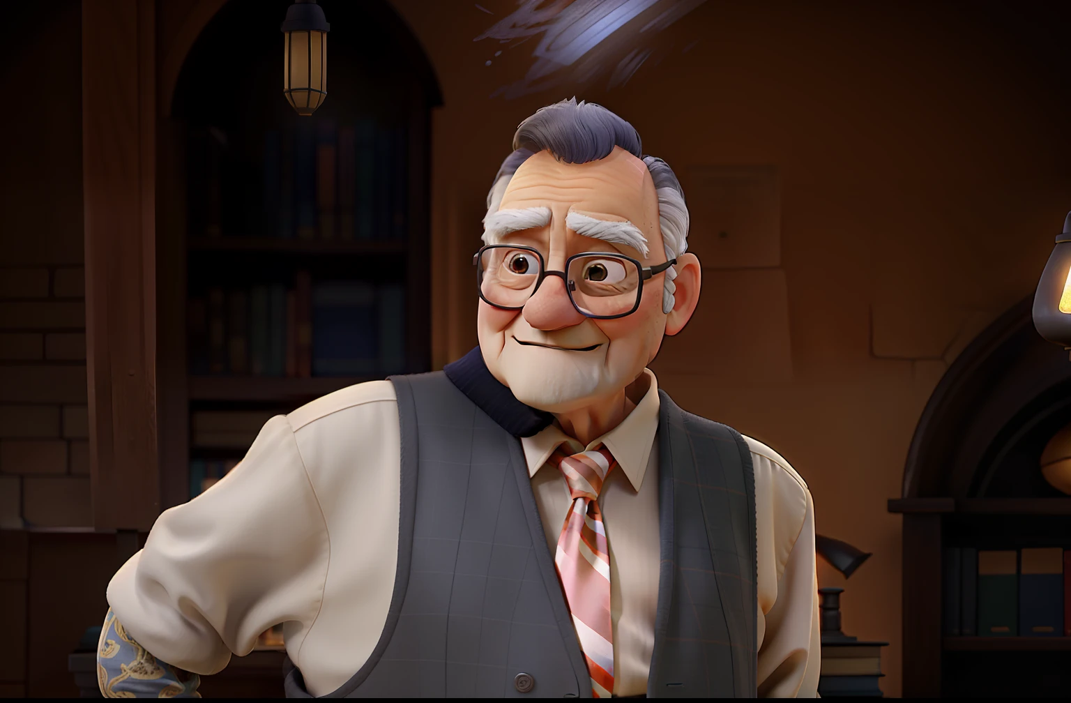 A wise old man standing in front, illuminated by the light of a lamp, against the backdrop of a library