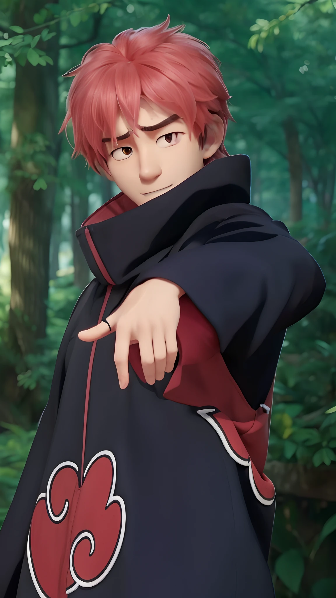 Real life adaption of this character, korean handsome man face, cool expression,realistic same Hair tousled downwards, realistic same outfit with Akatsuki logo, realistic necklace , hyper realistic, realistic light, realistic shadow, realism,(photorealistic:1.2)