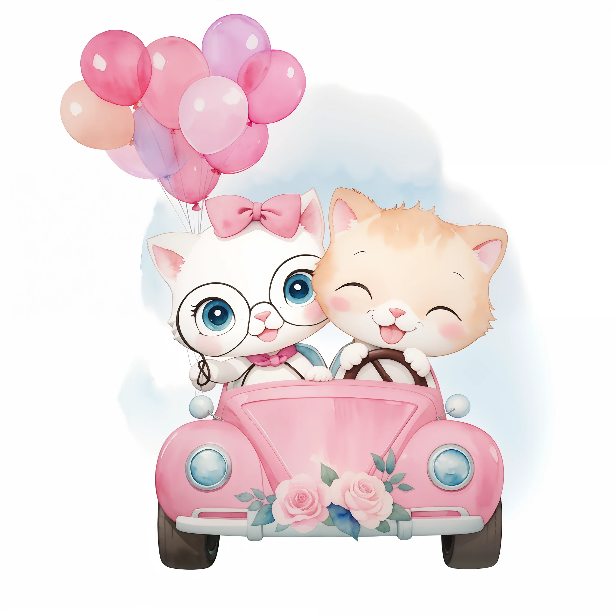 (Watercolor in high definition),(Watercolor in high definition), There's two cats in a car with balloons, They're loving it, arte fofa, Arte aquarelada bem suave, lovely and cute, desenho animado bonito, cute illustration, illustration of 2 cats, adorable and whimsical, ilustrado em estilo caprichoso, Belo estilo de arte, love is begin of all, caprichoso e fofo. (Watercolor in high definition)