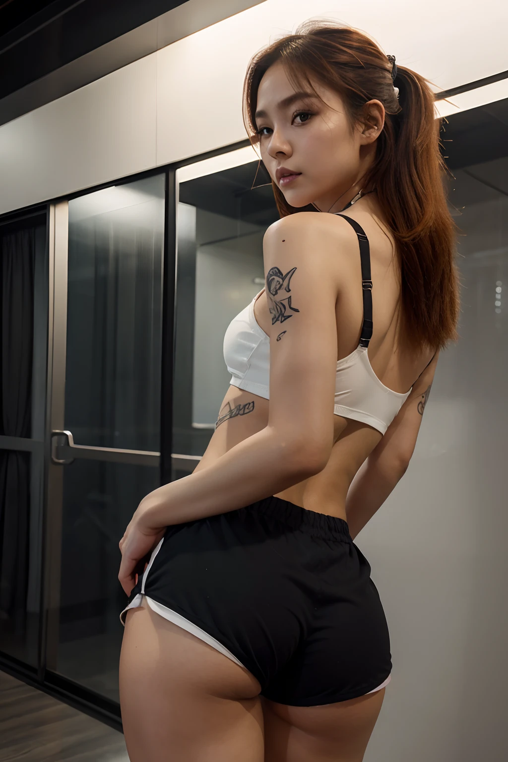 araffe in a black bra top and white shorts in a night city, korean girl, gorgeous young korean woman, back pose, in shorts, cottagecore!! fitness body, toned derriere, thicc, side pose, beautiful south korean woman, booty shorts, 2 4 year old female model, sexy girl wearing shorts, korean woman, lit from behind, heavy makeup, hair ties, slightly open mouth, big eyes, glossy, very pretty face, slender waist, sex pack, light orange hair, tattoo girl