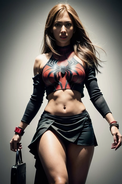 Maggie Q、Sticking out the navel、newyork、She wears a torn Spider-Man suit,wearing skirt、 Red and black color scheme,Dynamic、​masterpiece、top-quality、ultra-detailliert、ighly detailed、beautiful detailed brilliance、超A high resolution