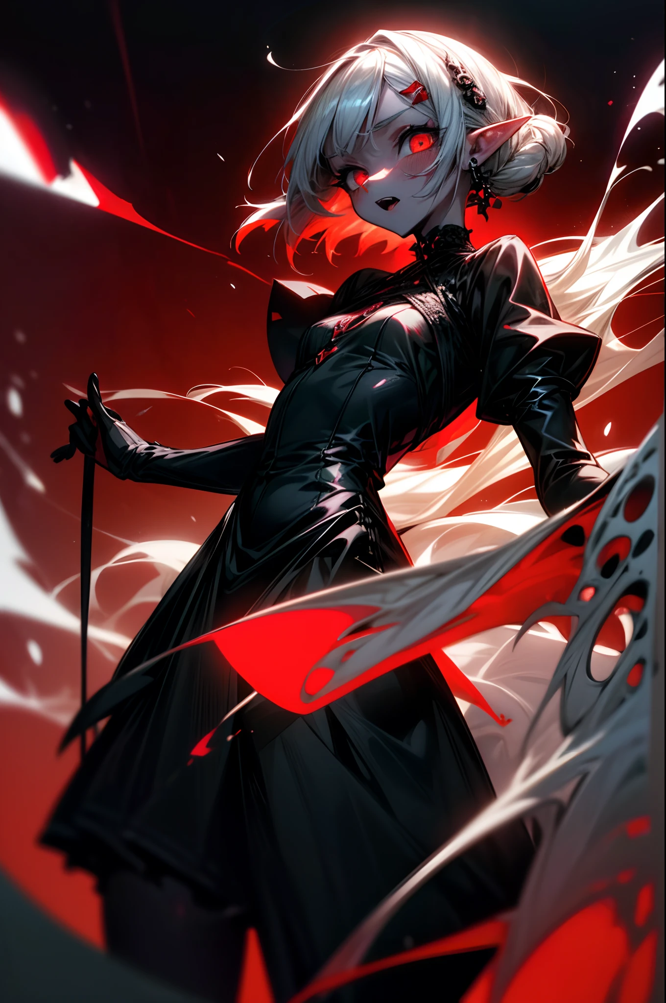 ((Best Quality, 8K, Masterpiece)), ((1woman, ite)), flat color, limited palette, Perfectly Cute Girl, Delicate and smooth skin, Realistic skin, Perfect Beautiful Face, Perfect and Cute Face, (POV POV, View from below), short messy white hair, elf ears, sharp fangs, embarrassed expression, open mouth, glowing red eyes, skull hairpin, ornate black dress, fully clothed, dark aura, black and red, two tone, dark hue, red hue, high contrast, dark lighting
