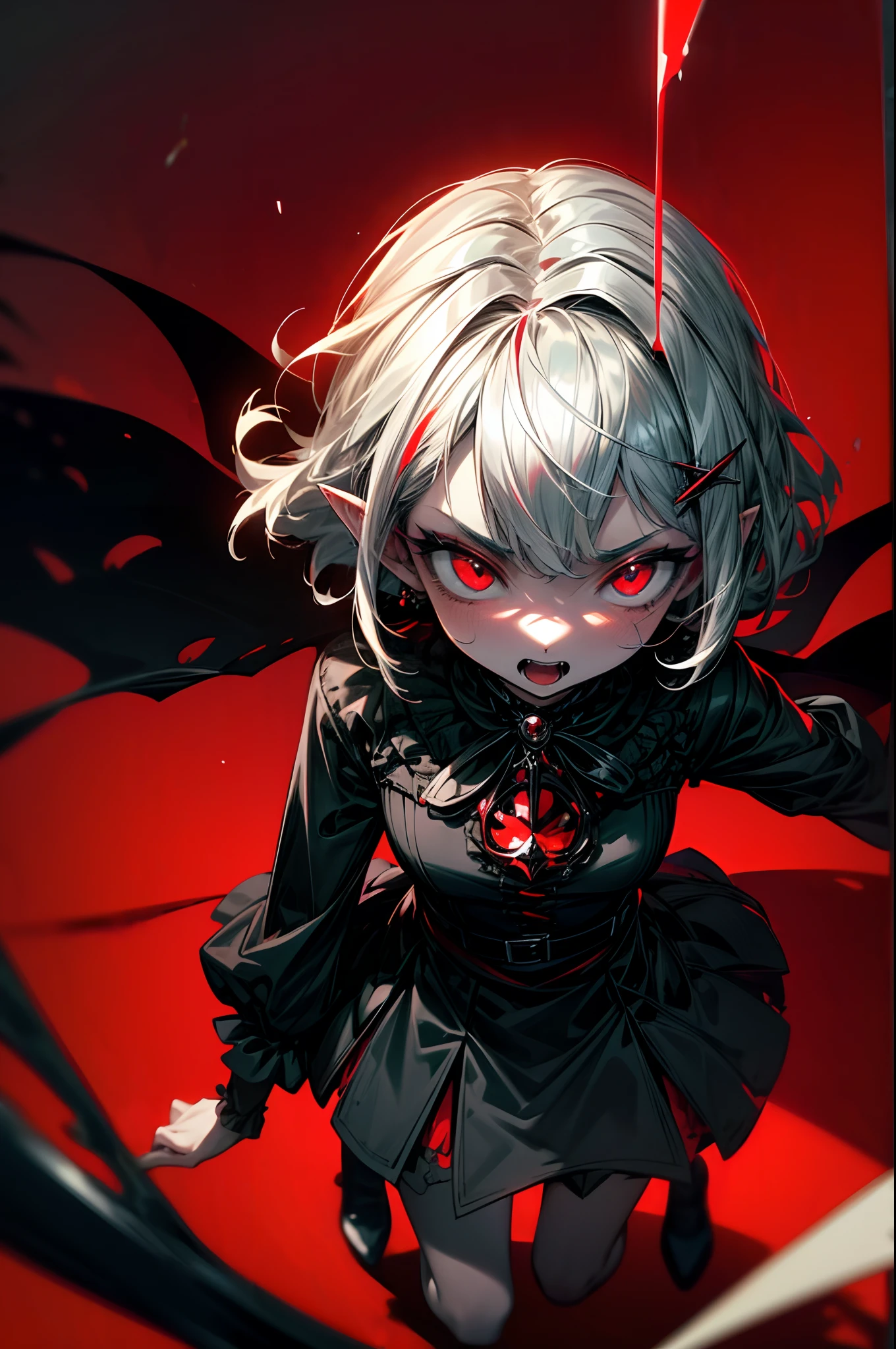 ((Best Quality, 8K, Masterpiece)), ((1woman, petite)), flat color, limited palette, Perfectly Cute Girl, Delicate and smooth skin, Realistic skin, Perfect Beautiful Face, Perfect and Cute Face, (POV POV, View from above), short messy white hair, elf ears, sharp fangs, disgusted expression, open mouth, cringing, glowing red eyes, skull hairpin, ornate black dress, fully clothed, dark aura, black and red, two tone, dark hue, red hue, high contrast, dark lighting