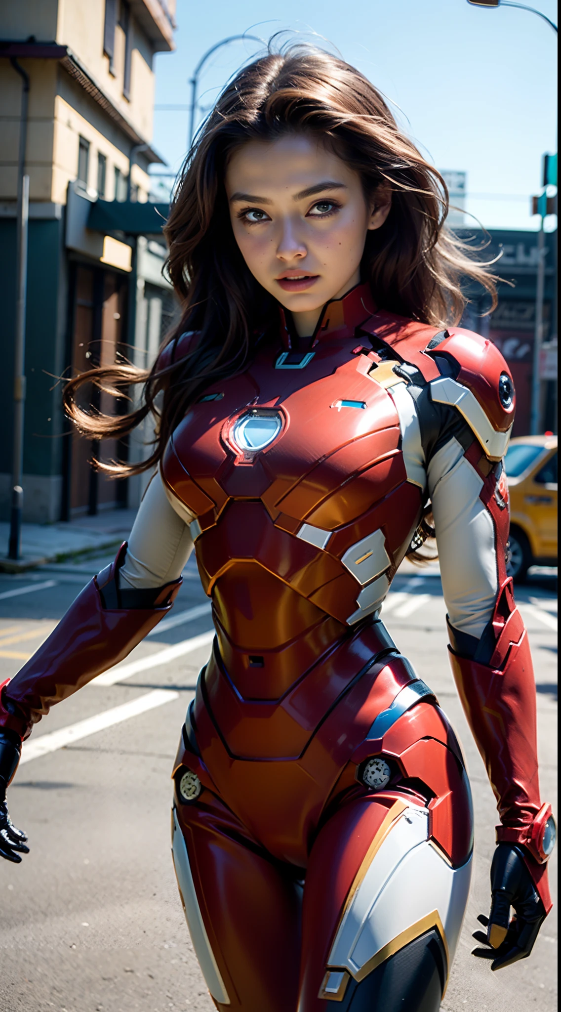 Beautiful woman detailed defined body using Iron Man roleplay, little breast, beautiful face , 8k