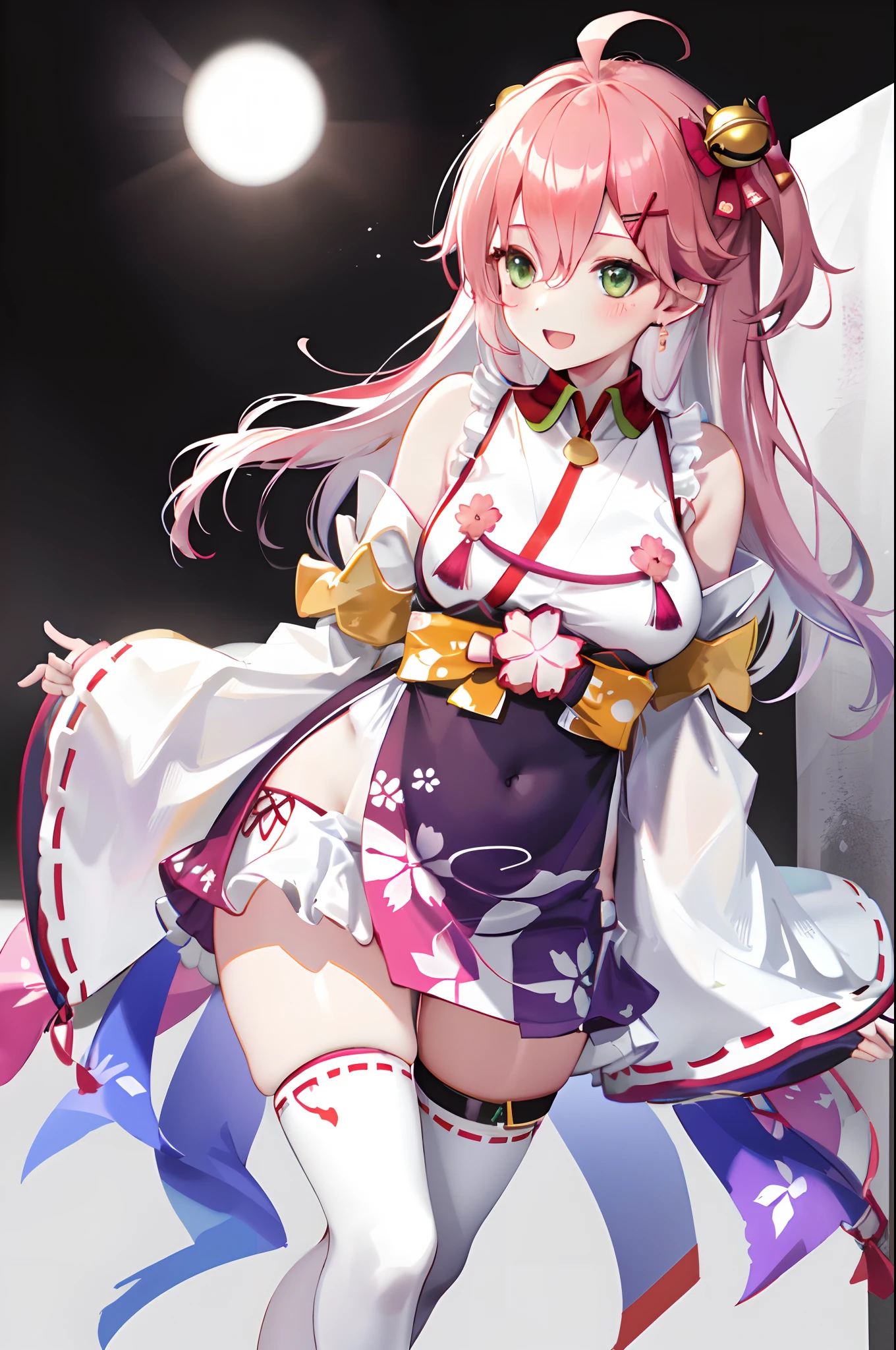 masterpiece, best quality, highres, miko1, sakura_miko, 1girl, big_boobs, solo, ahoge, x_hair_ornament, pink_hair, floral print, hairclip,(side_less_clothes:1.5), (side_boobs:1.5), hair_bell, floral print, long_hair, hair between eyes, one side up, white thighhighs, asymmetrical legwear, wide sleeves, open_mouth,(happy:1.3),green_eyes,big_smile,(raise_leg:1.3),plump,apart_legs,(overly_long_sleeves:1.3),),sleeves_past_wrists,hands_hidden_sleeves,sidelock_clothes,solo,hidden_wrists,(XD:1.5),covered_nipples,plump,sunlight,(bare_flank:1.3)