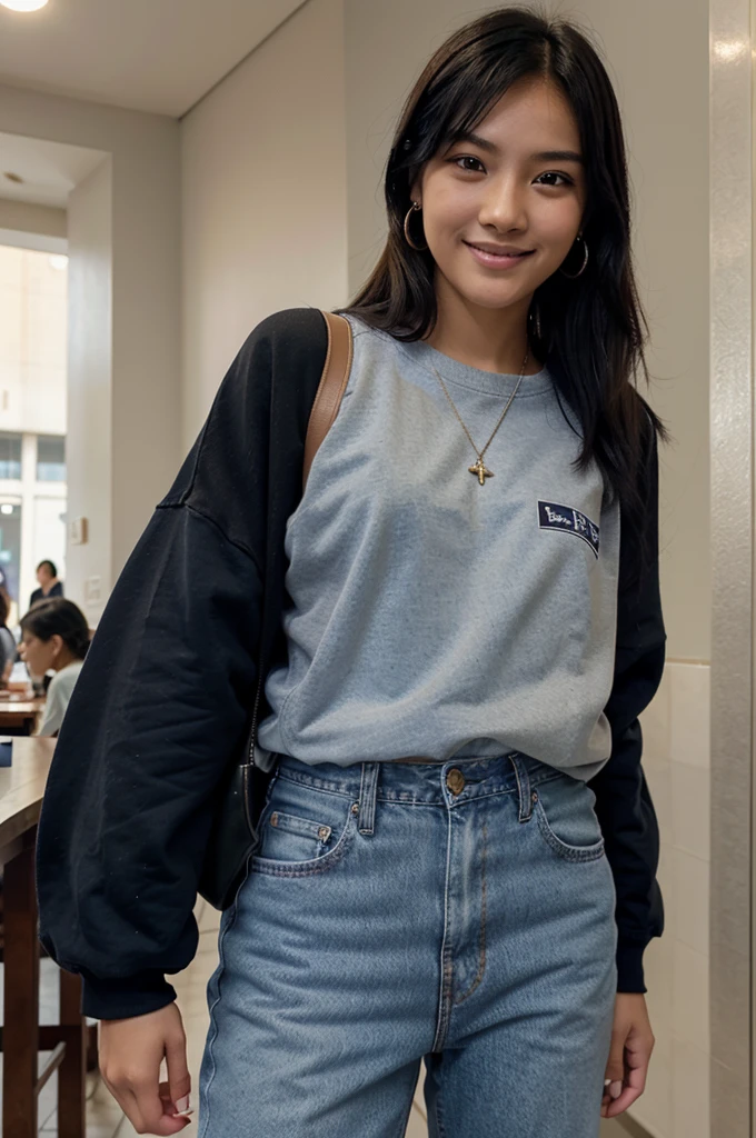 tomboy Asian girl, with boyish black hair, a beautiful smile, and sapphire eyes, wearing a sweatshirt and jeans, earrings, aged around 24, wearing Rosario, at cafe
