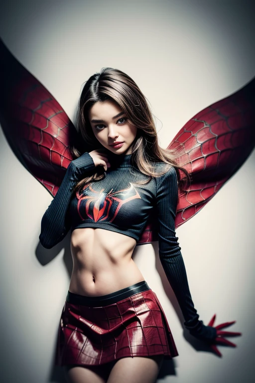 Miranda Kerr、Sticking out the navel、newyork、She wears a torn Spider-Man suit,wearing skirt、 Red and black color scheme,Dynamic、masterpiece、top-quality、ultra-detailliert、ighly detailed、beautiful detailed brilliance、超A high resolution