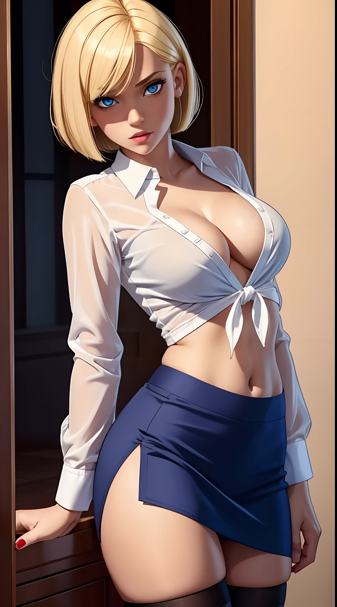 Light skin, bob cut, cleavage, tied shirt, midriff, flashing red panties, short skirt, stockings, blue eyes, blonde